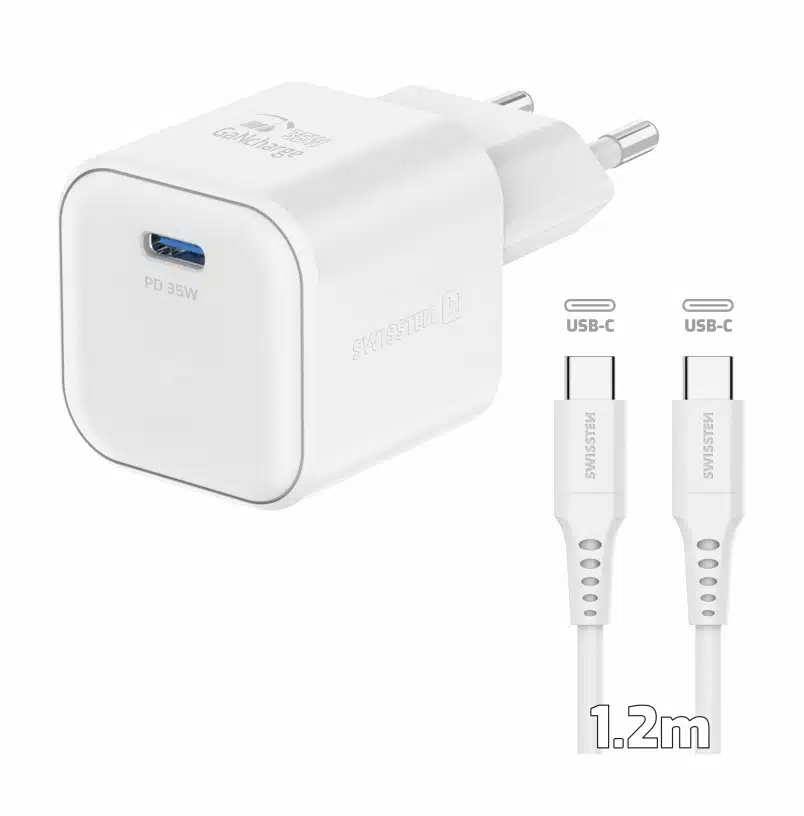 Swissten - 35W - USB-C Travel Charger - With USB-C To USB-C Cable - 1.2m - Wit - Afbeelding 1
