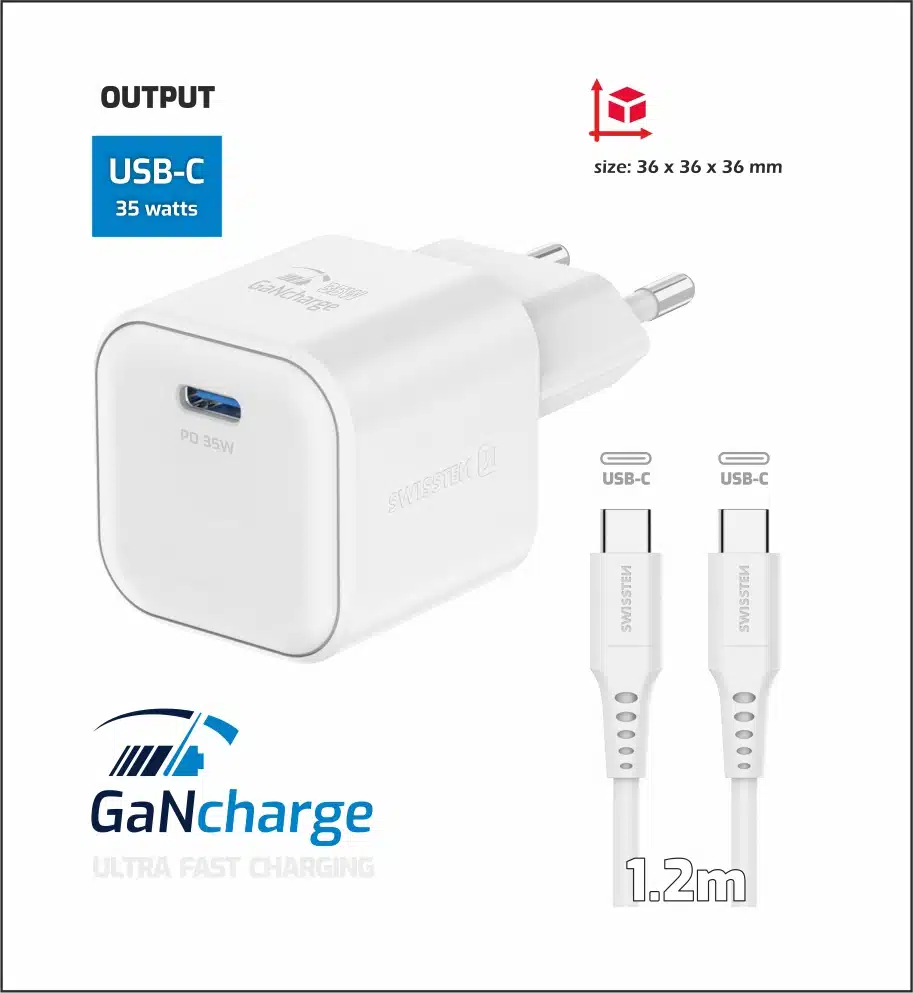 Swissten - 35W - USB-C Travel Charger - With USB-C To USB-C Cable - 1.2m - Wit - Afbeelding 3