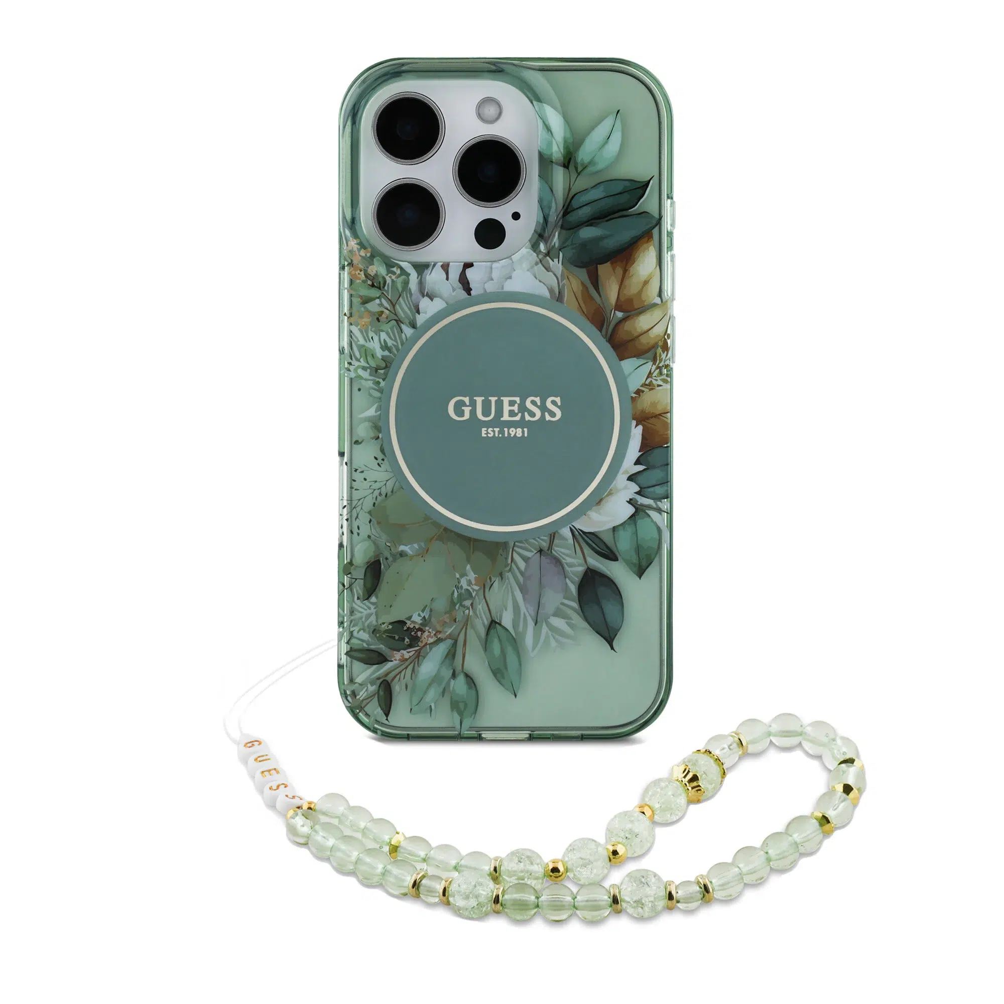 Guess - Backcover iPhone 16 Pro Max - Magsafe IML Glitter with pearls strap - Groen - Afbeelding 1