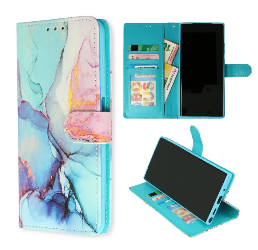Samsung A36 -A56 -Bookcase Print-Marmer Roze-Blauw-1-Cityhoesje.nl
