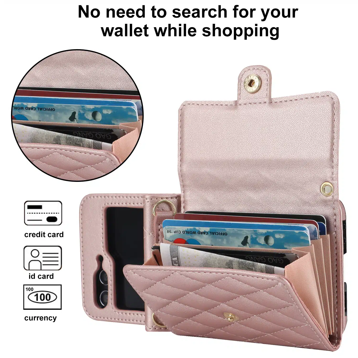 Solidenz Fashion Portemonnee hoesje met koord Samsung Galaxy Z Flip 6 – Roségoud - Afbeelding 5