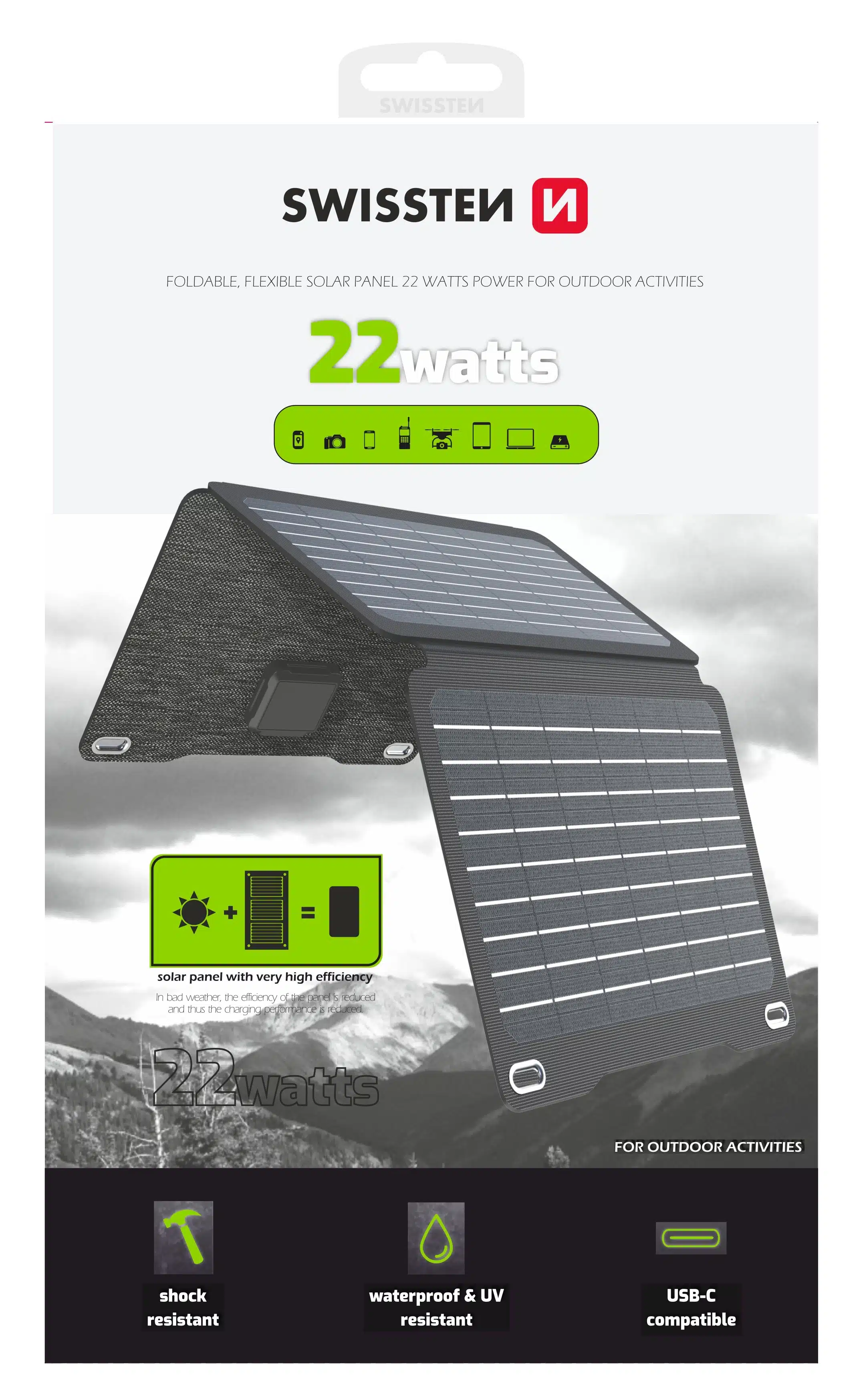 SWISSTEN FOLDABLE SOLAR PANEL 22W USB-A + USB-C - Afbeelding 1