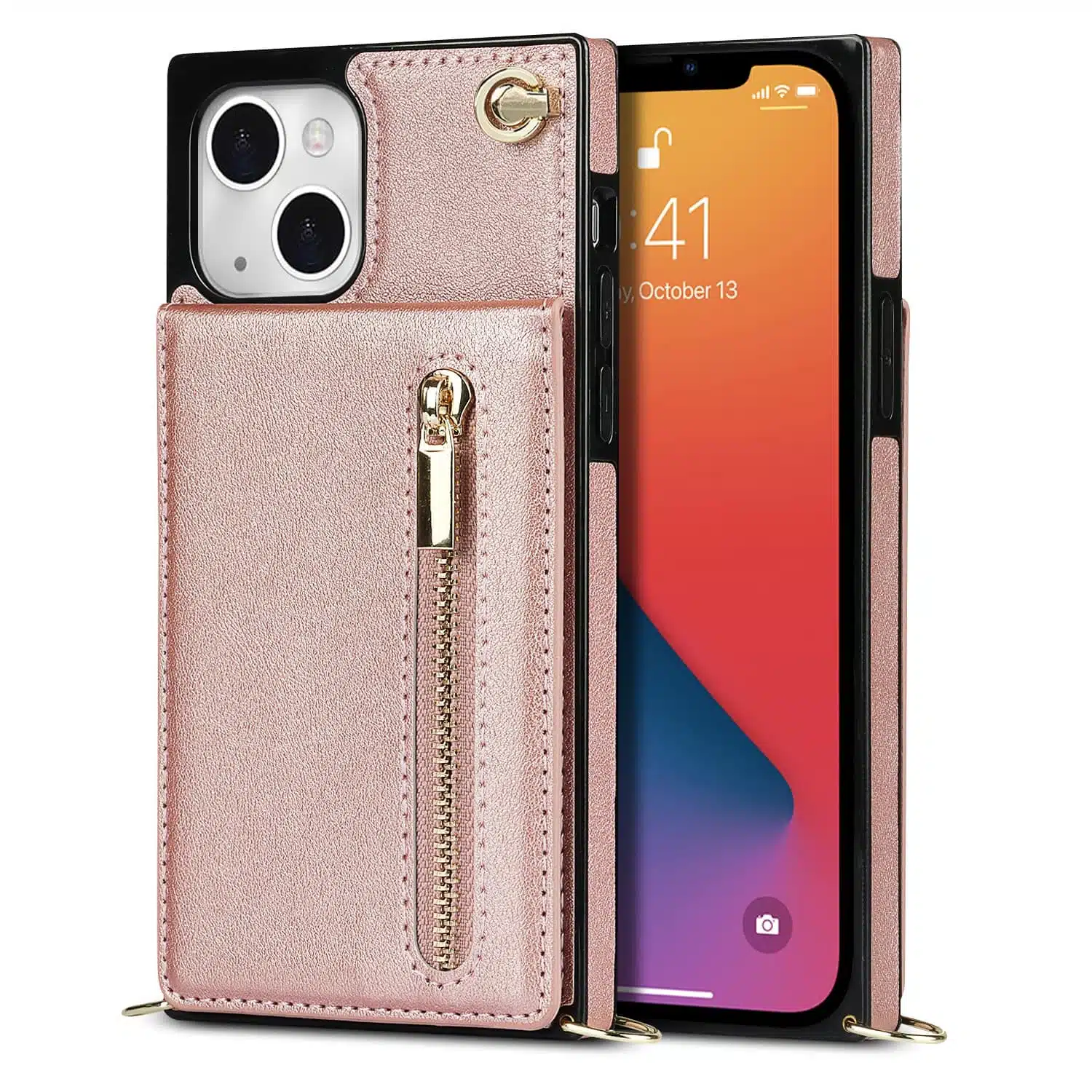 Solidenz - Backcover Fashion Wallet met koord - iPhone 13/14 – Roségoud - Afbeelding 5