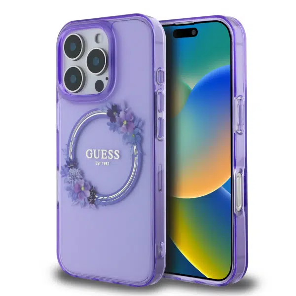 Guess - Backcover iPhone 16 Pro - Magsafe IML flowers wreath - Paars