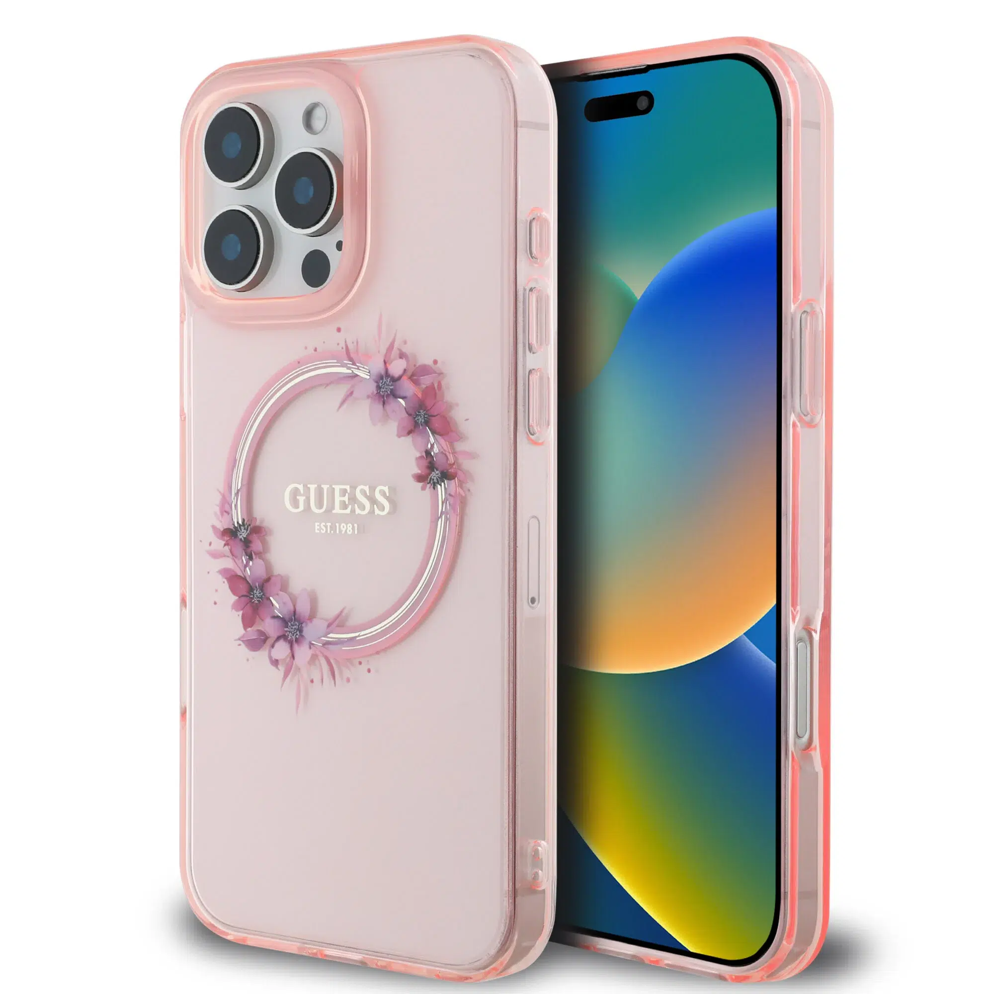 Guess - Backcover iPhone 16 Pro - Magsafe IML flowers wreath - Roze - Afbeelding 1