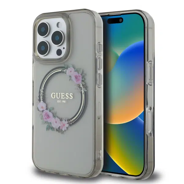 Guess - Backcover iPhone 16 Pro - Magsafe IML flowers wreath - Zwart