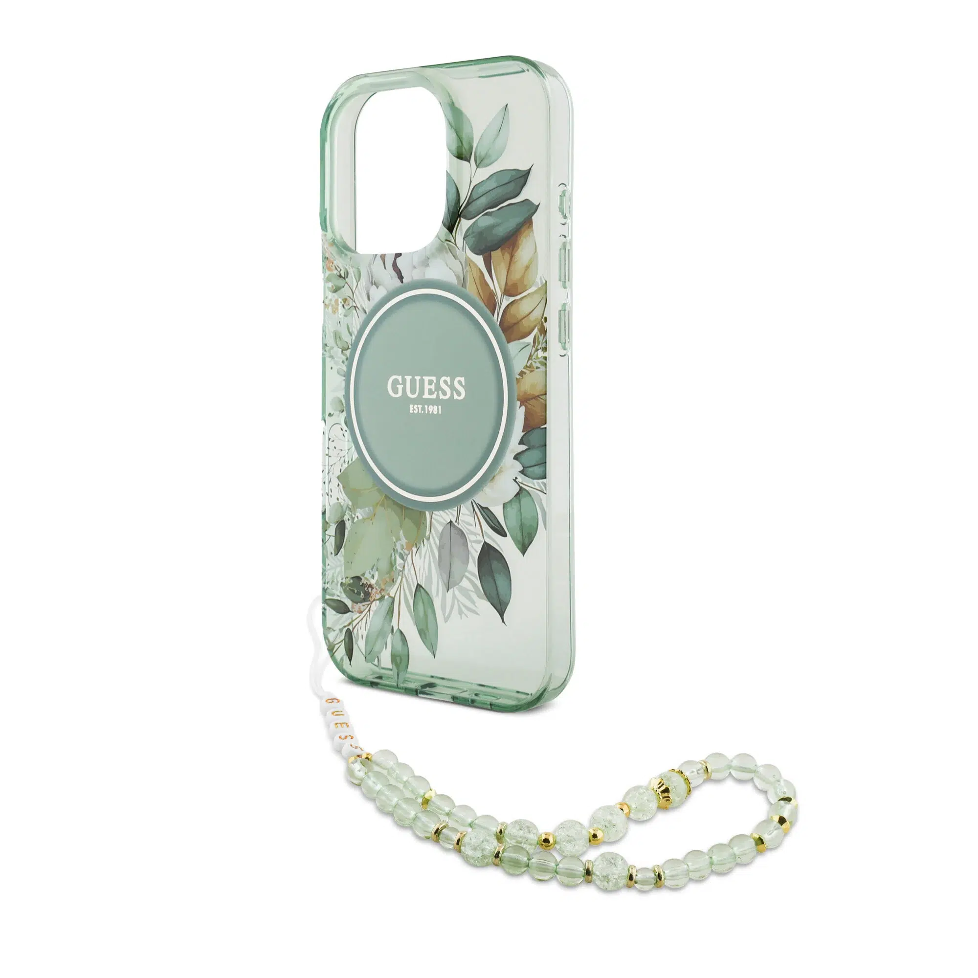 Guess - Backcover iPhone 16 Pro - Magsafe IML Flowers with pearl strap - Green - Afbeelding 4