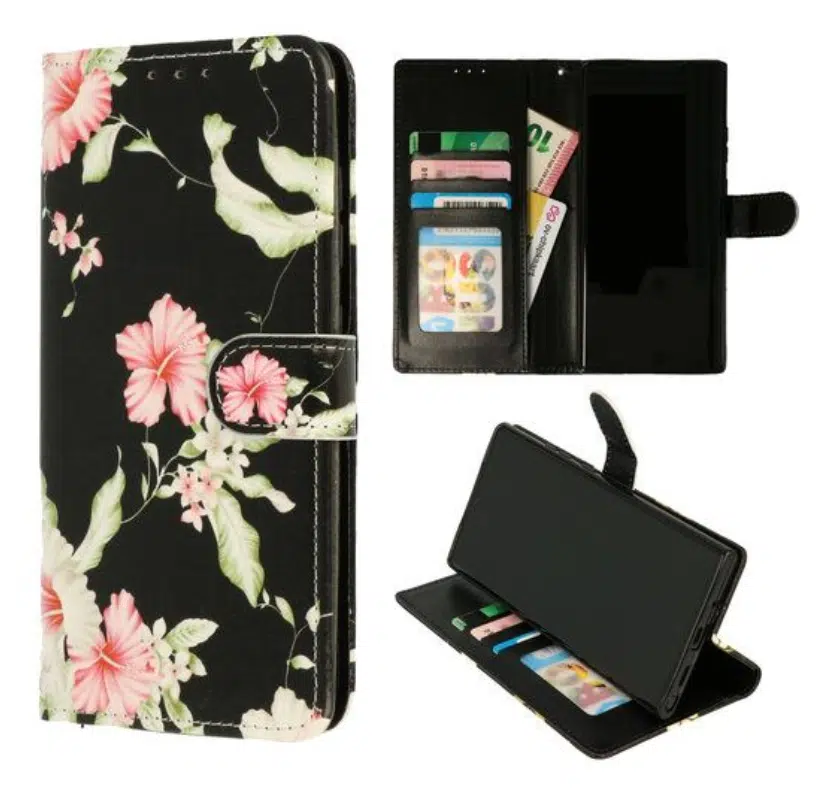 Samsung A17-Bookcase Print-Bloemen Zwart-Cityhoesje.nl