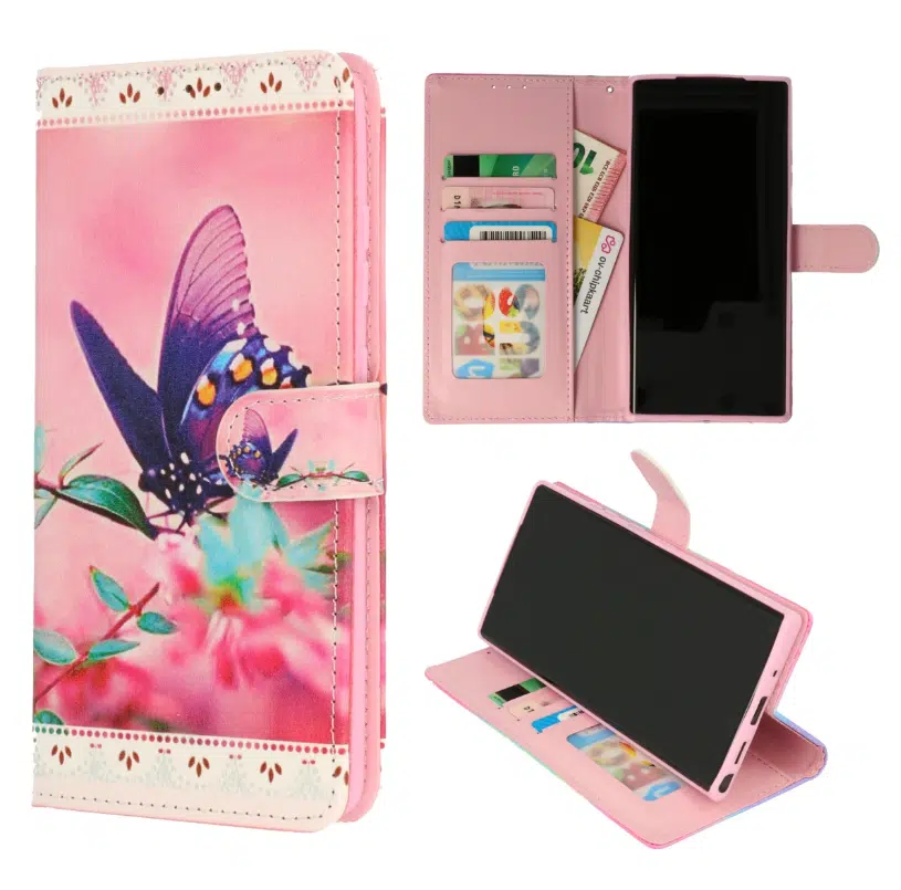 Samsung A17-Bookcase Print-Vlinder Roze-1-Cityhoesje.nl