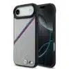 BMW iPhone 17 Air Backcover hoesje - MagSafe - PU Leather Case With Tricolor Slanted Stripes & Metal Logos - Grijs-1