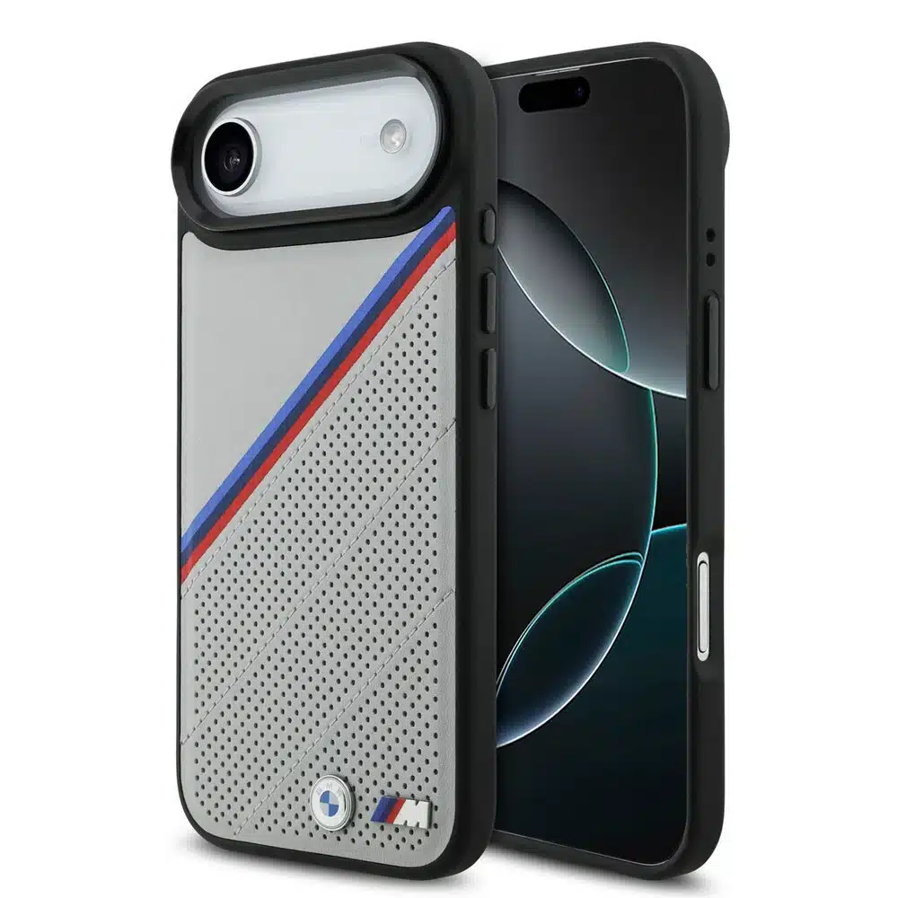 BMW iPhone 17 Air Backcover hoesje - MagSafe - PU Leather Case With Tricolor Slanted Stripes & Metal Logos - Grijs-1
