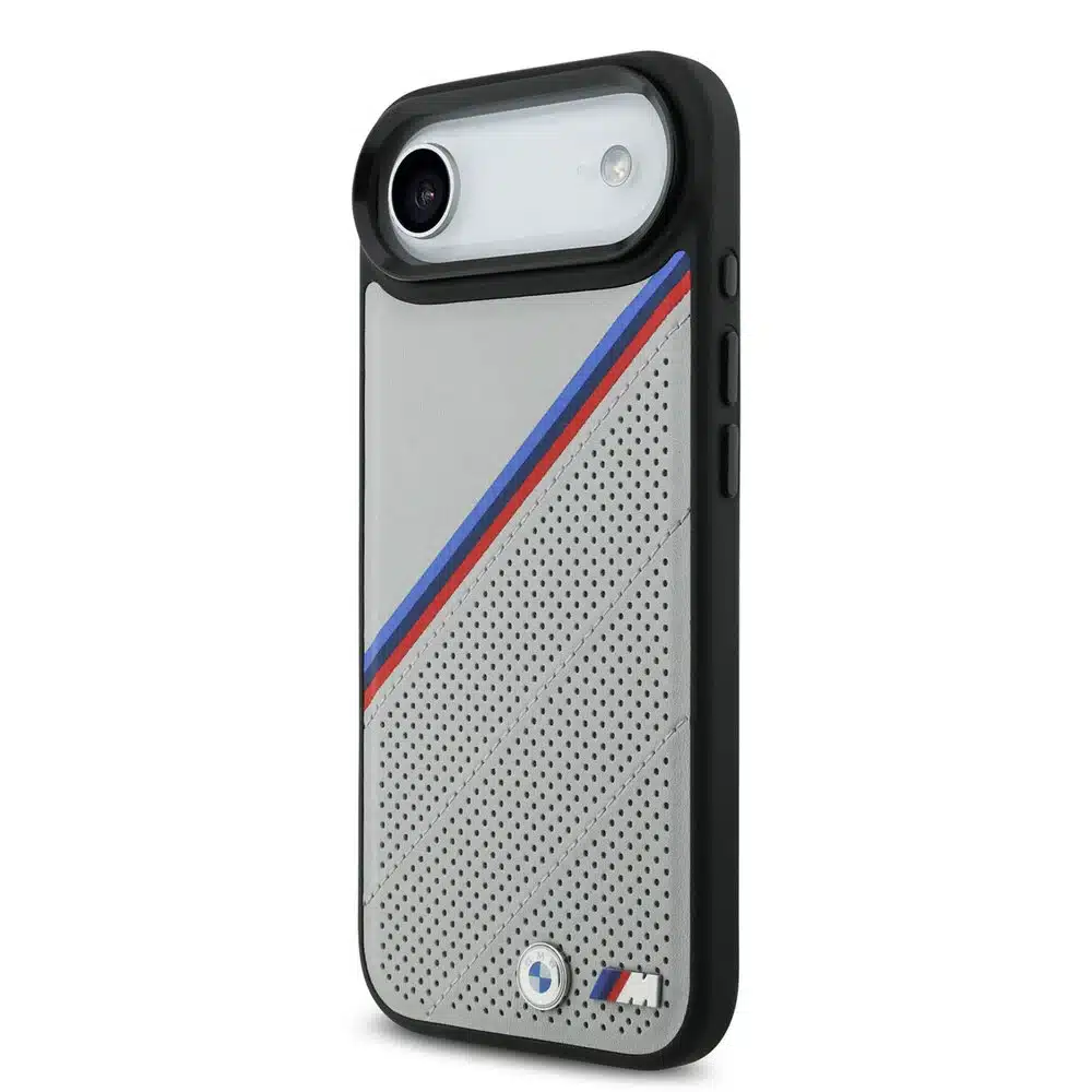 BMW iPhone 17 Air Backcover hoesje - MagSafe - PU Leather Case With Tricolor Slanted Stripes & Metal Logos - Grijs-2