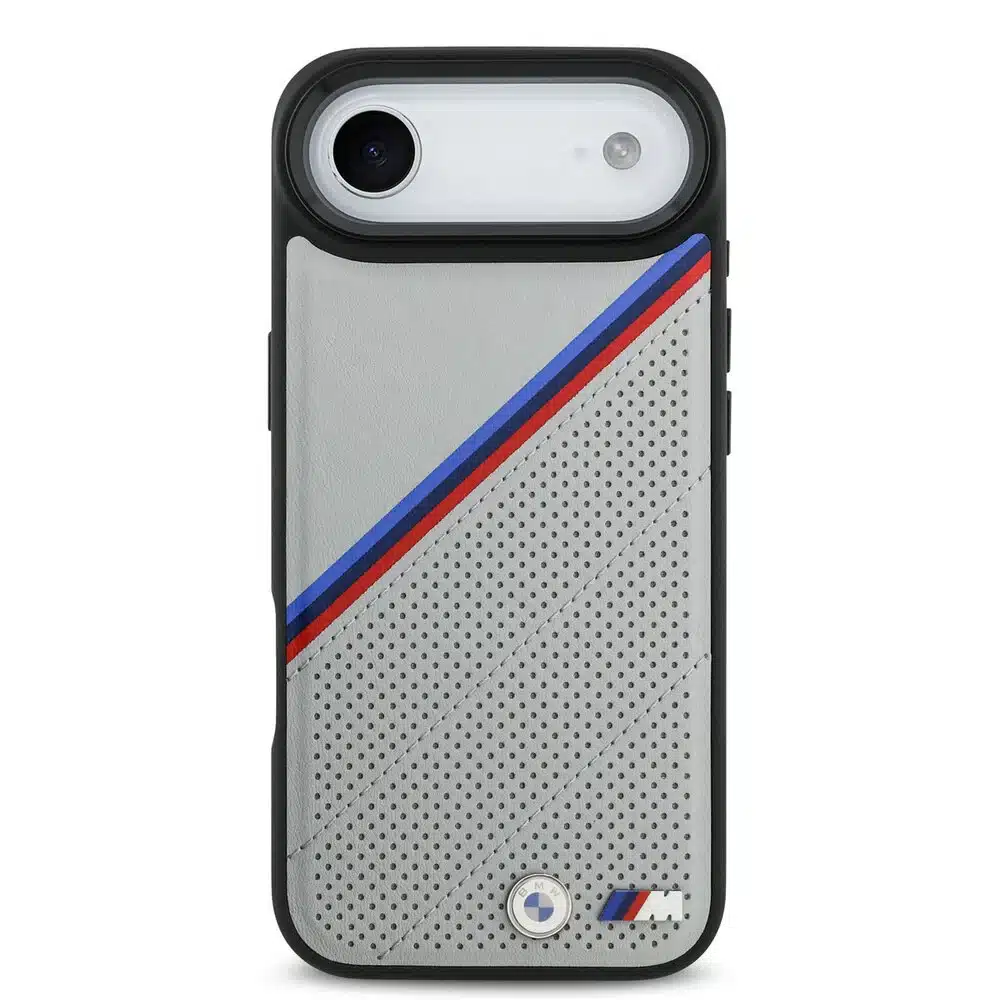 BMW iPhone 17 Air Backcover hoesje - MagSafe - PU Leather Case With Tricolor Slanted Stripes & Metal Logos - Grijs-3