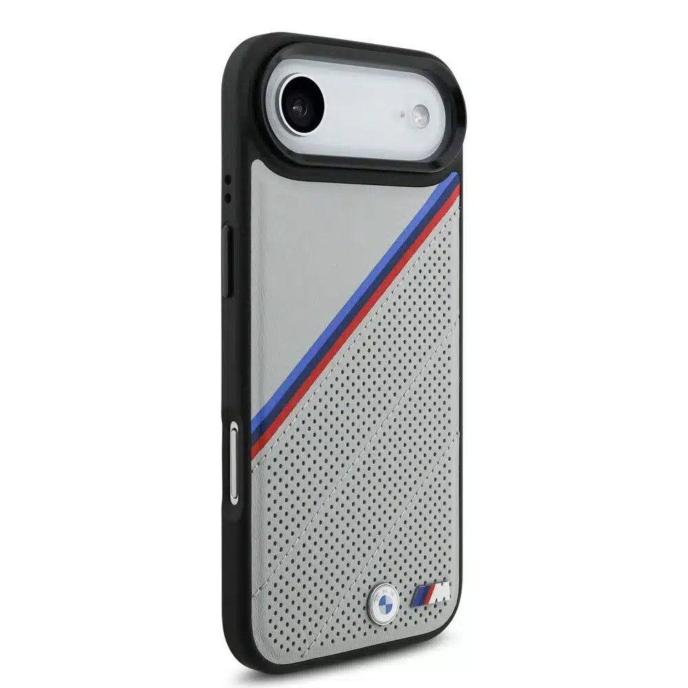 BMW iPhone 17 Air Backcover hoesje - MagSafe - PU Leather Case With Tricolor Slanted Stripes & Metal Logos - Grijs-4
