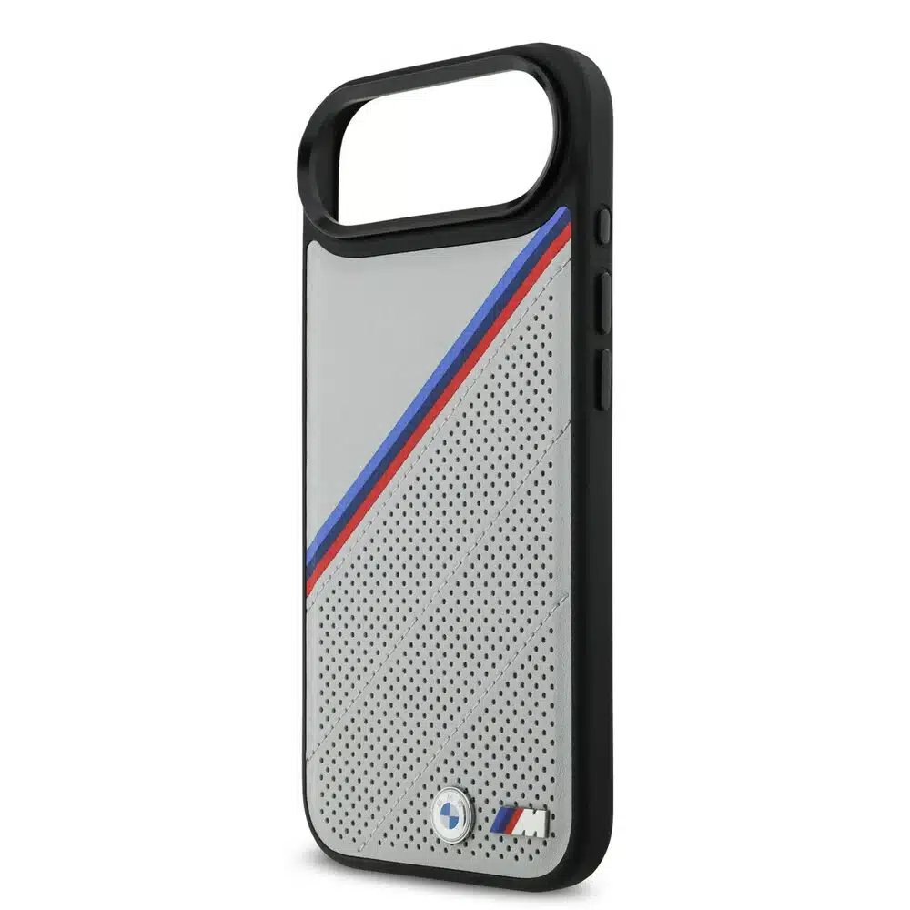 BMW iPhone 17 Air Backcover hoesje - MagSafe - PU Leather Case With Tricolor Slanted Stripes & Metal Logos - Grijs-5