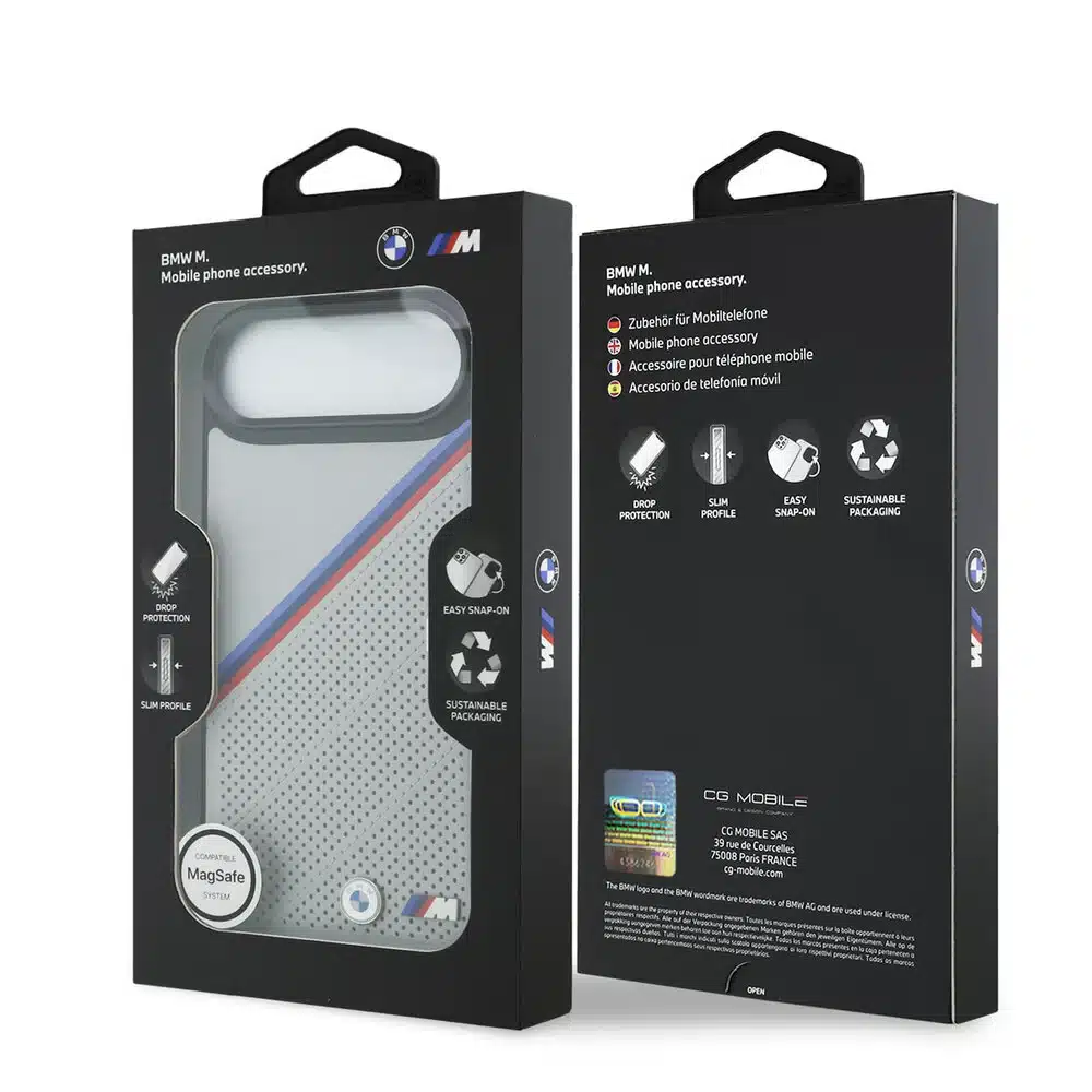 BMW iPhone 17 Air Backcover hoesje - MagSafe - PU Leather Case With Tricolor Slanted Stripes & Metal Logos - Grijs-8