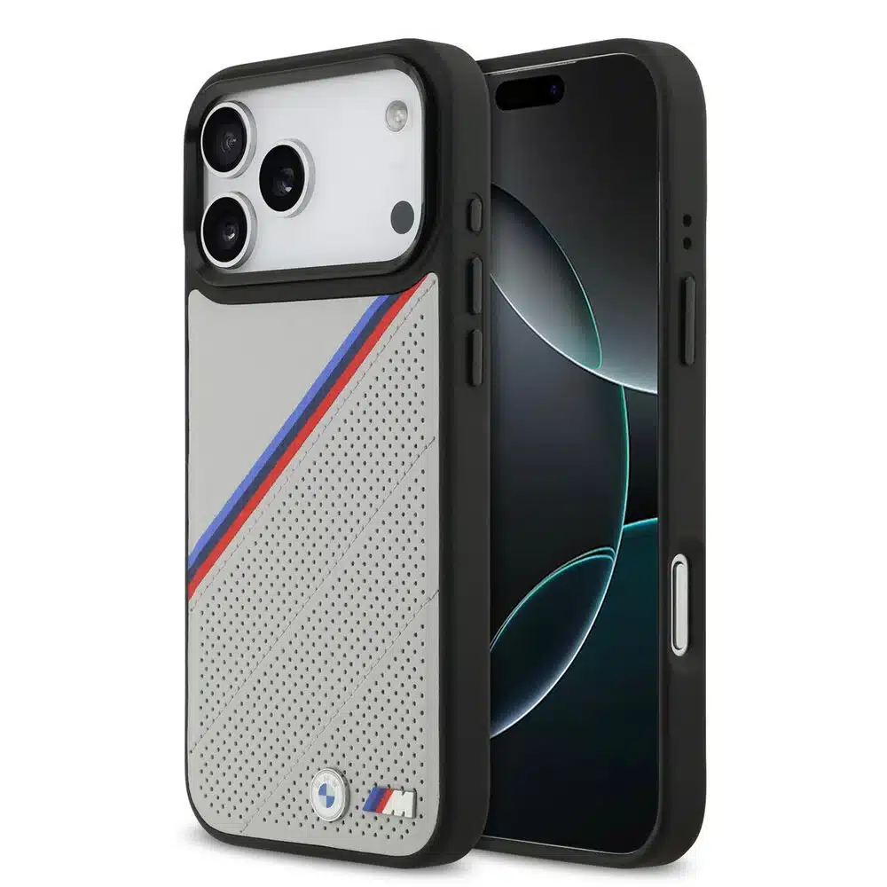 BMW iPhone 17 Pro Backcover hoesje - MagSafe - PU Leather Case With Tricolor Slanted Stripes & Metal Logos - Grijs-1