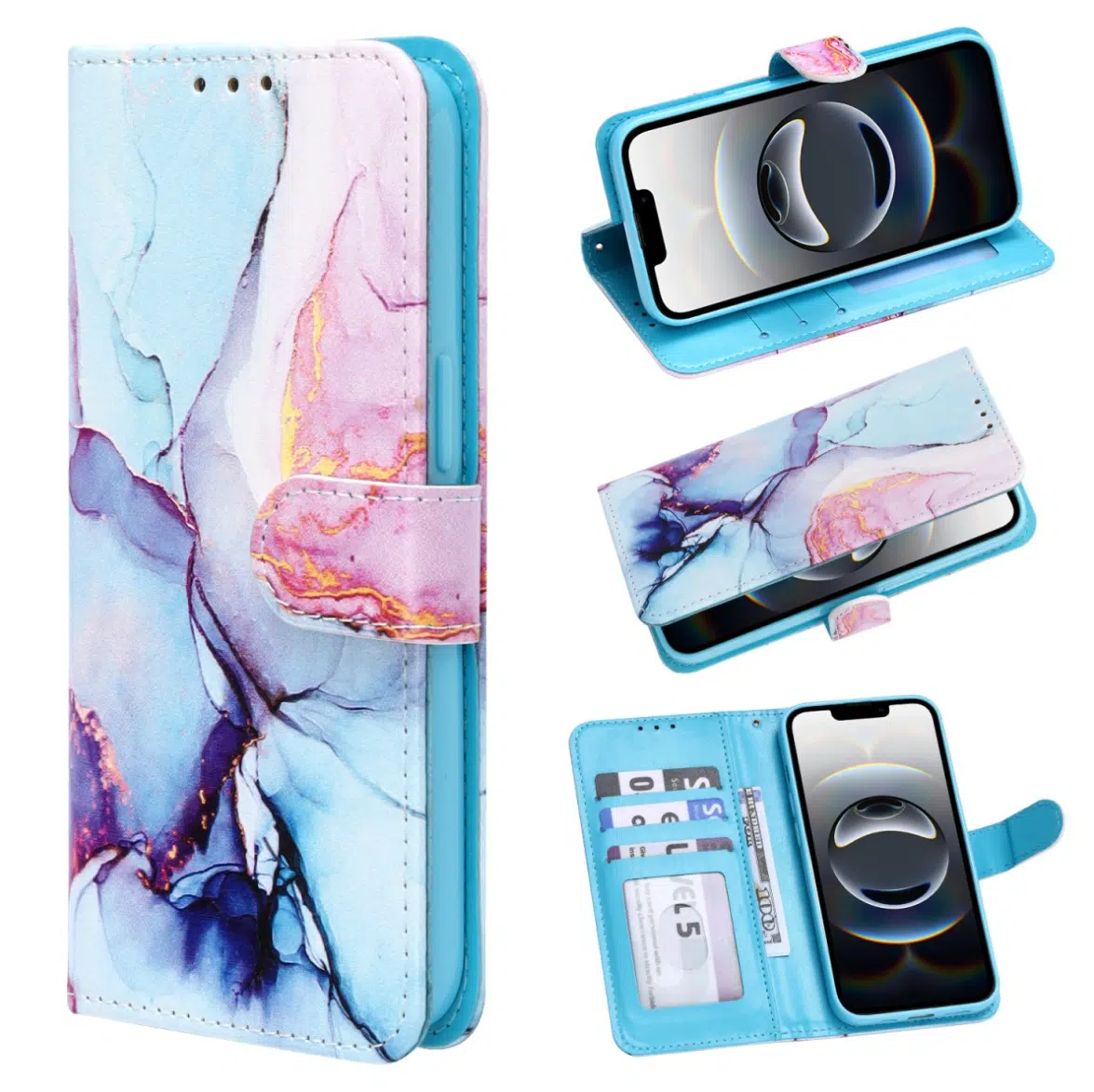 Casemania Iphone-17ProMax-Bookcase- Marmer Roze Blauw-1-Cityhoesje.nl