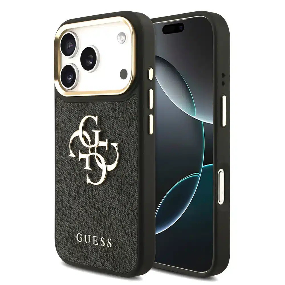 Guess iPhone 17 Pro Back cover case - 4G - Big Metal Logo - Gold Edge - Zwart-1