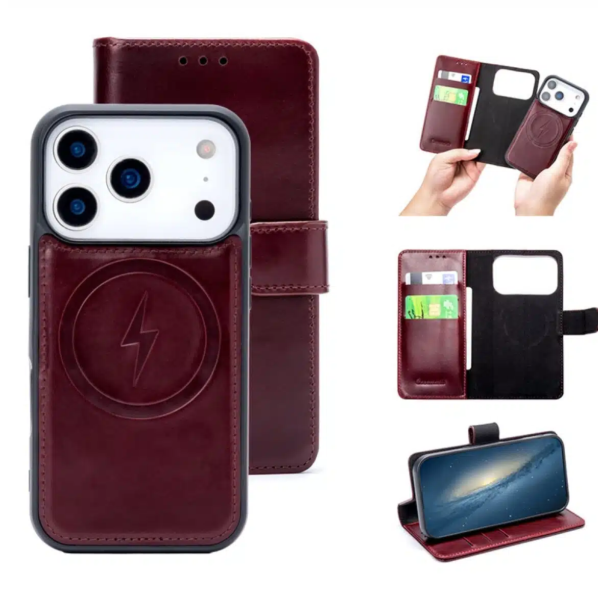 Cityhoesje-2in1-Bookcase-iPhone 17 Pro-18 Pro-Leren-Bordeaux - Afbeelding 3