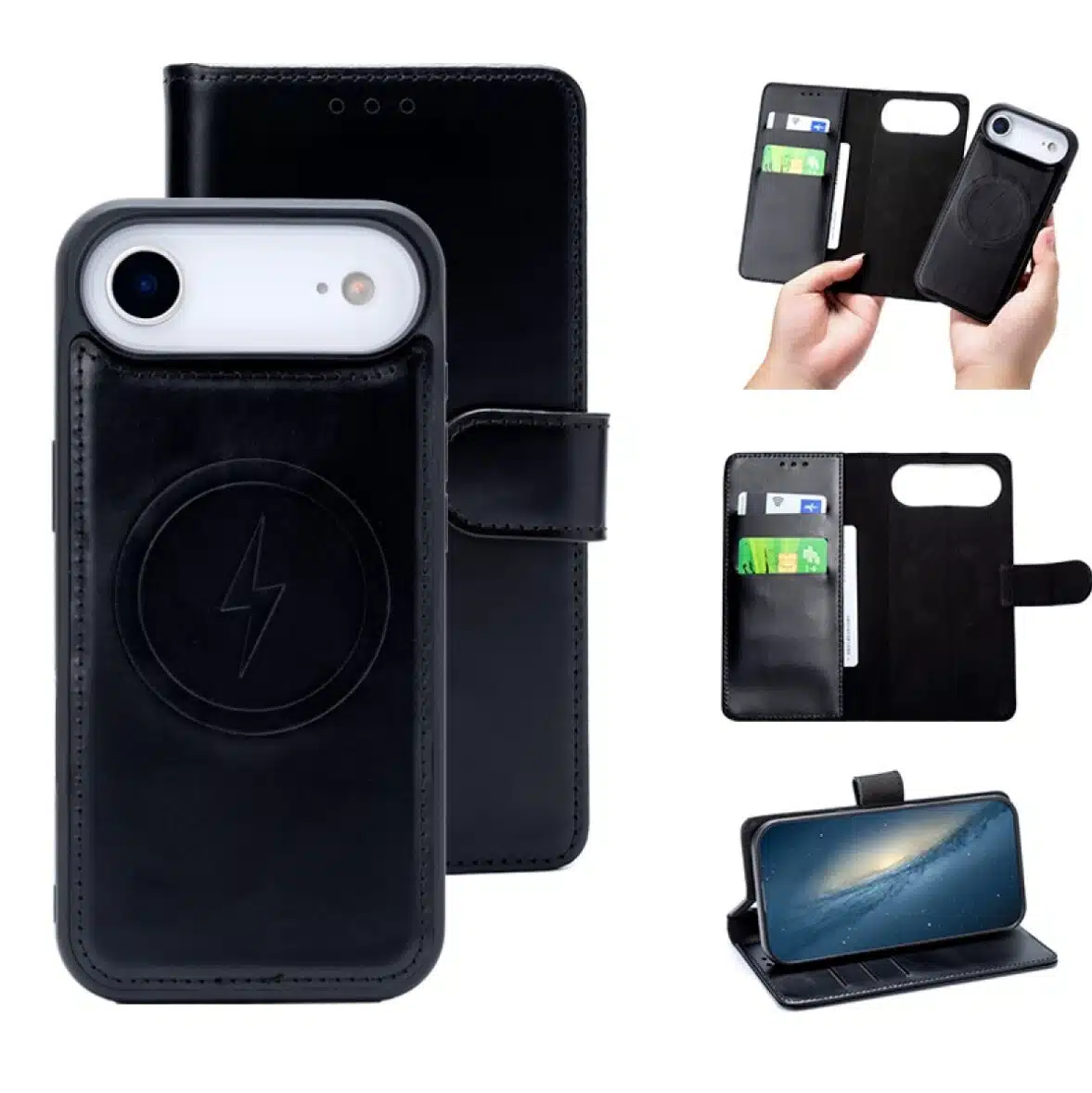 Cityhoesje-Bookcase 2 in 1 -iPhone 17 Air-Magsafe-Leer-Zwart - Afbeelding 1