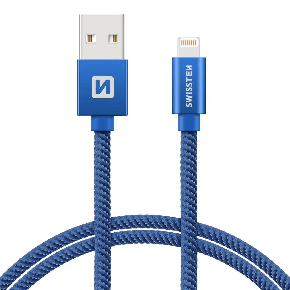 Swissten Textile USB MFI Lightning Cable - 2 m - Fast Charging - Blauw - Afbeelding 1