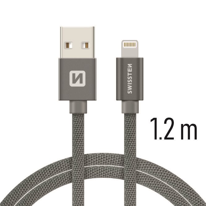 Swissten Textile USB MFI Lightning Cable - 1.2 m - Fast Charging - Grijs - Afbeelding 1