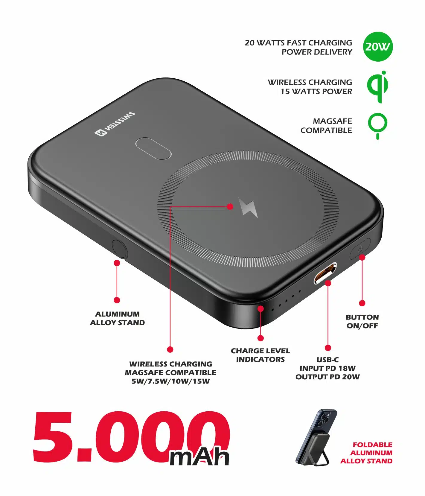 Swissten - 20W MagSafe Powerbank - 5.000 mAh - Zwart - Afbeelding 1