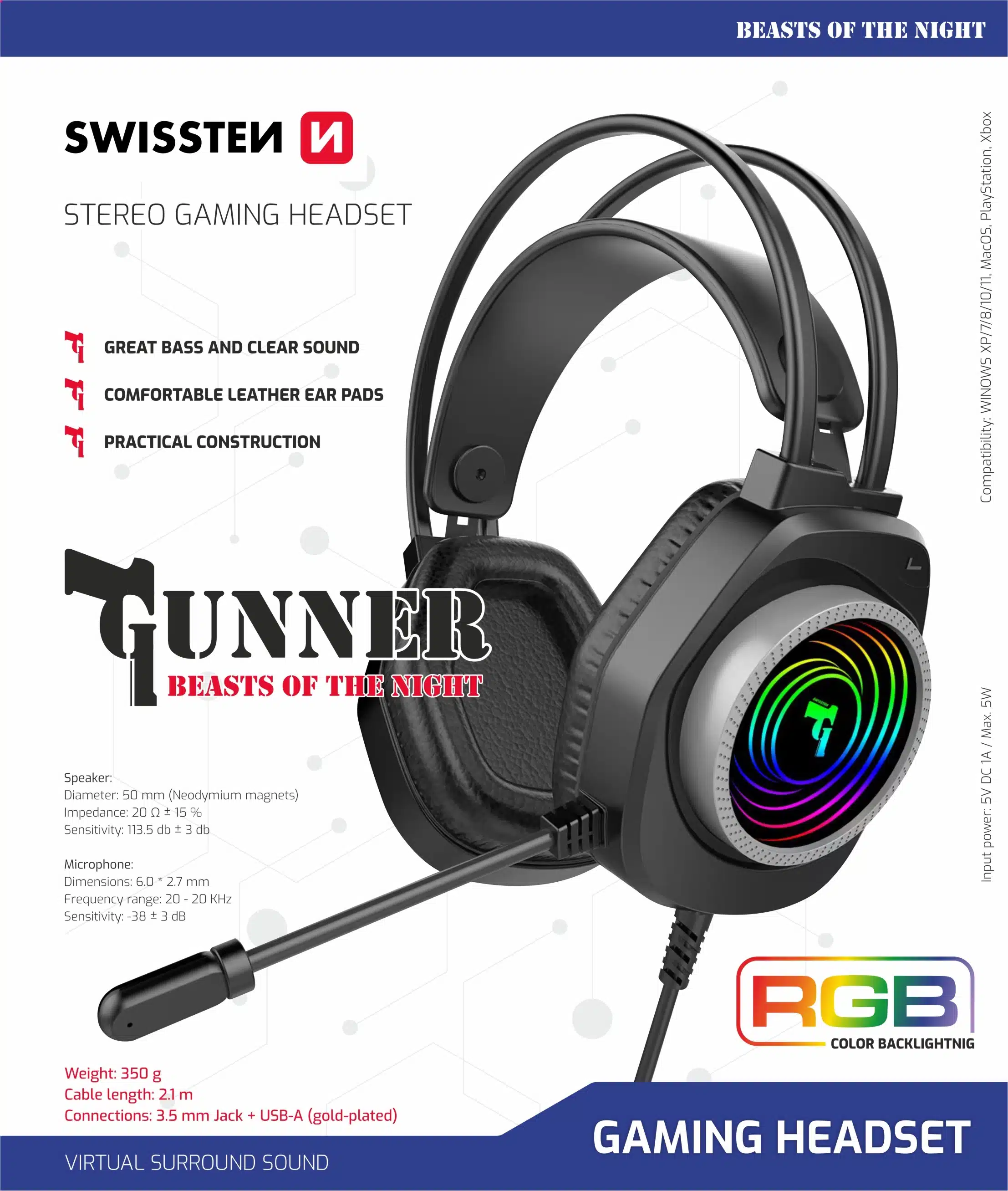 Swissten - Jumbo Stereo Headphones -With Active Noise Cancelling - Black - Afbeelding 2