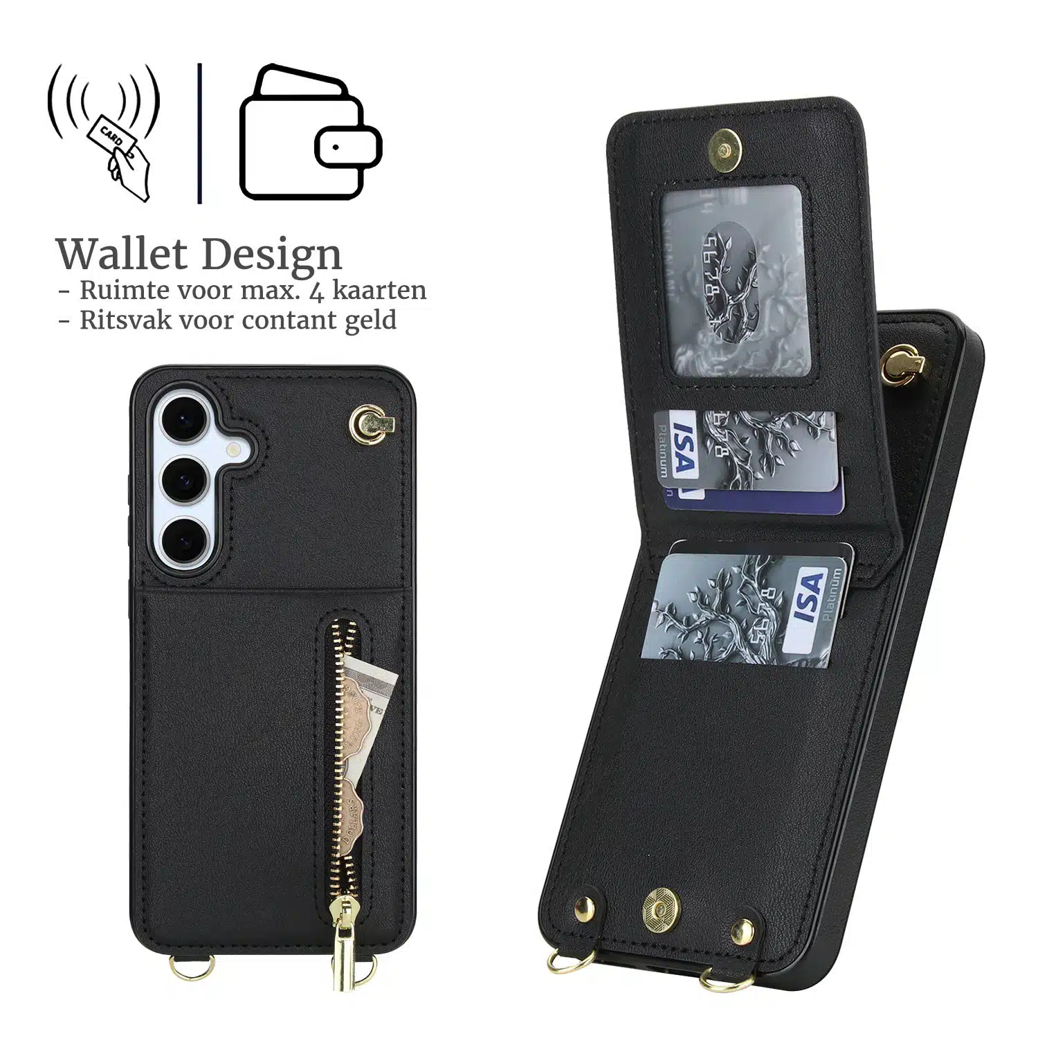 Solidenz Fashion Portemonnee hoesje met koord Samsung Galaxy S25 FE – Zwart - Afbeelding 2