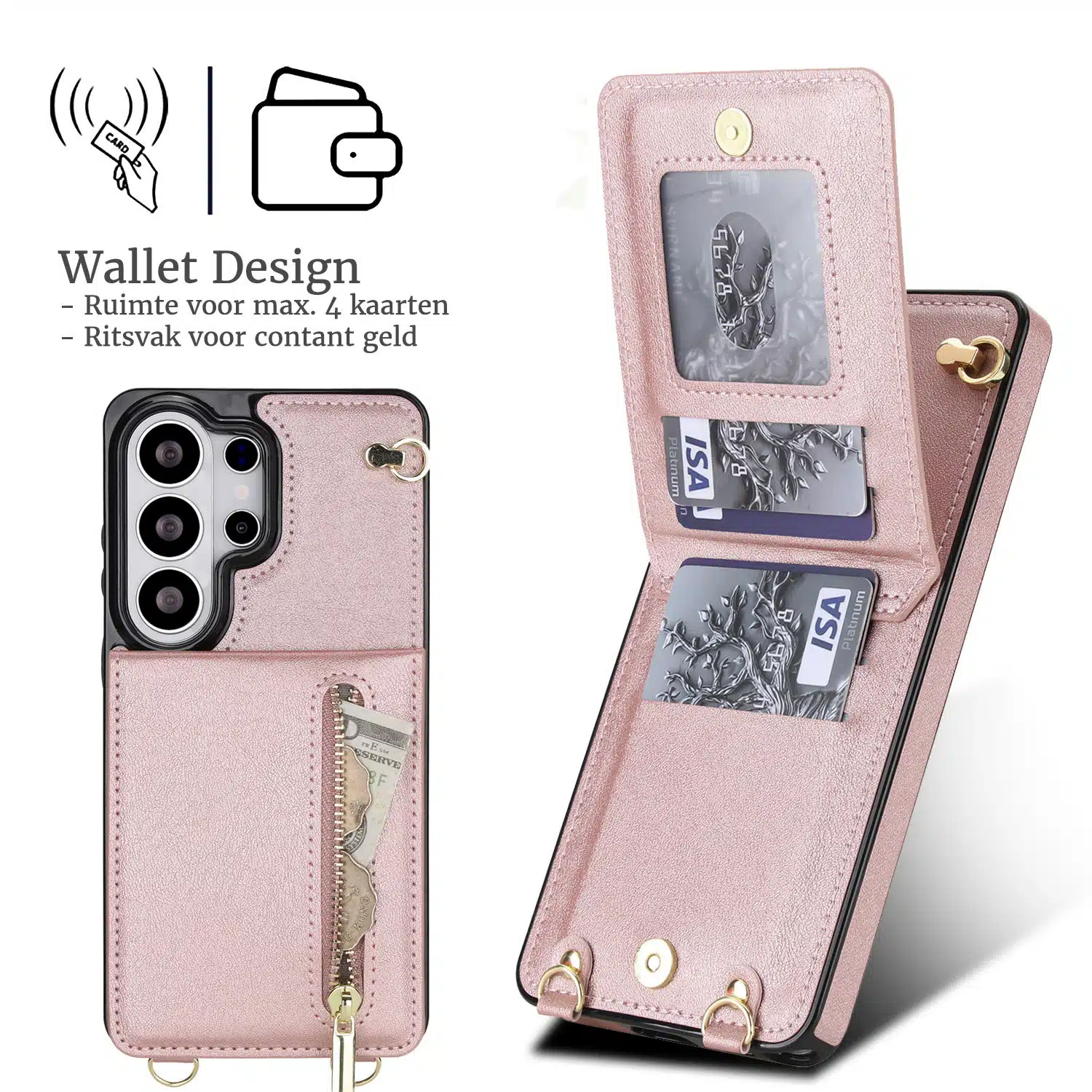 Solidenz Fashion Portemonnee hoesje met koord Samsung Galaxy S26 Ultra – Roségoud - Afbeelding 3