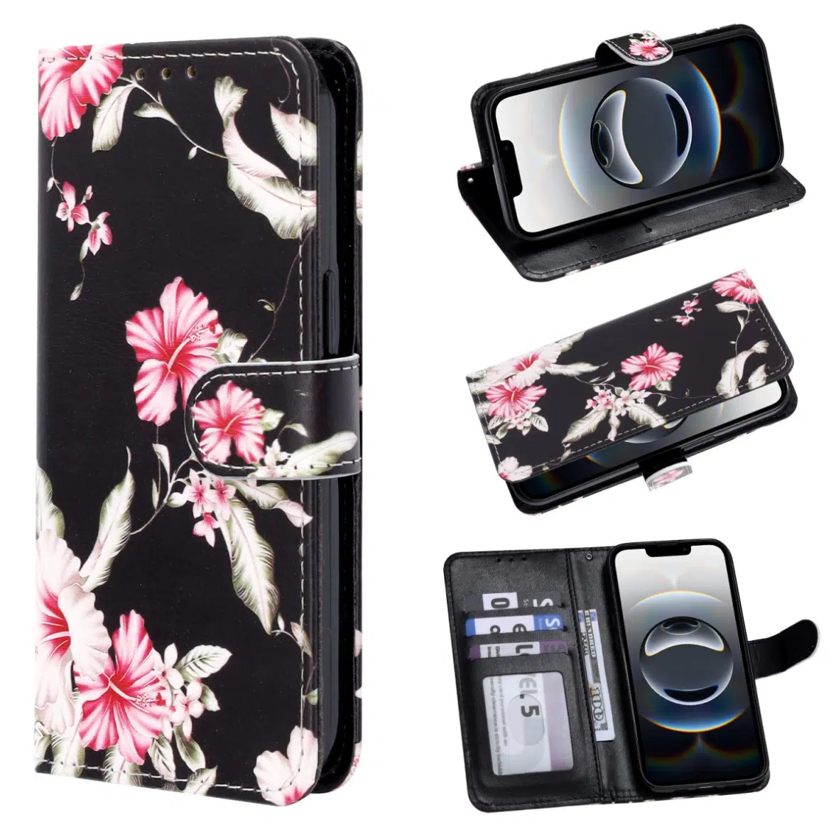 Cityhoesje - Bookcase print hoesje - Geschikt voor Samsung A57 - Bloemen Rood Zwart - Afbeelding 1