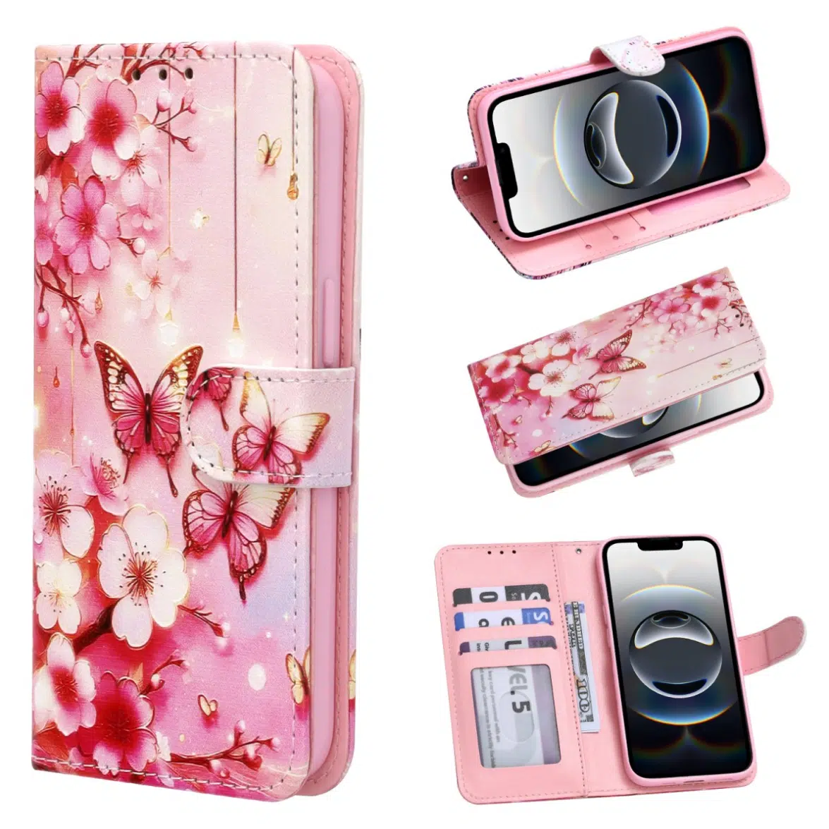 Cityhoesje - Bookcase print hoesje - Geschikt voor Samsung A57 - Bloemen Vlinder Rood - Afbeelding 1