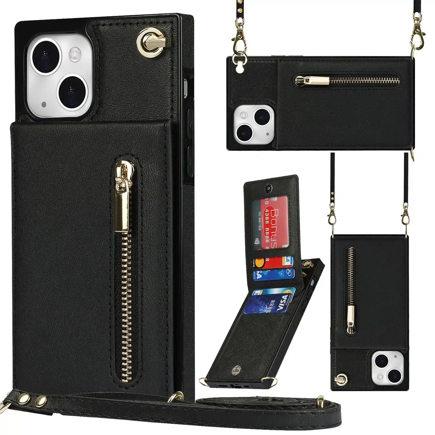 Solidenz Fashion Wallet hoesje met koord iPhone 15 – Zwart - Afbeelding 1