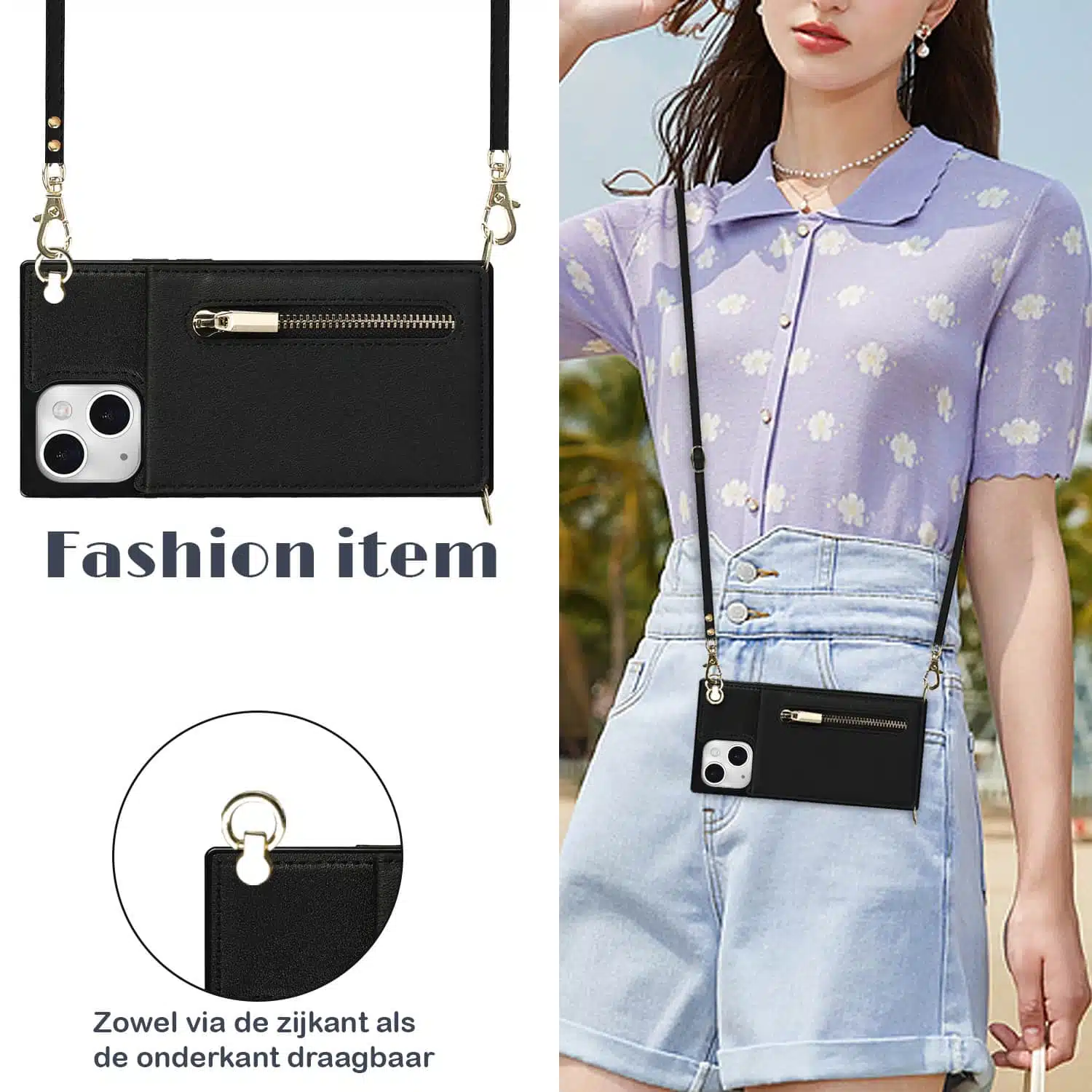 Solidenz Fashion Wallet hoesje met koord iPhone 15 – Zwart - Afbeelding 4