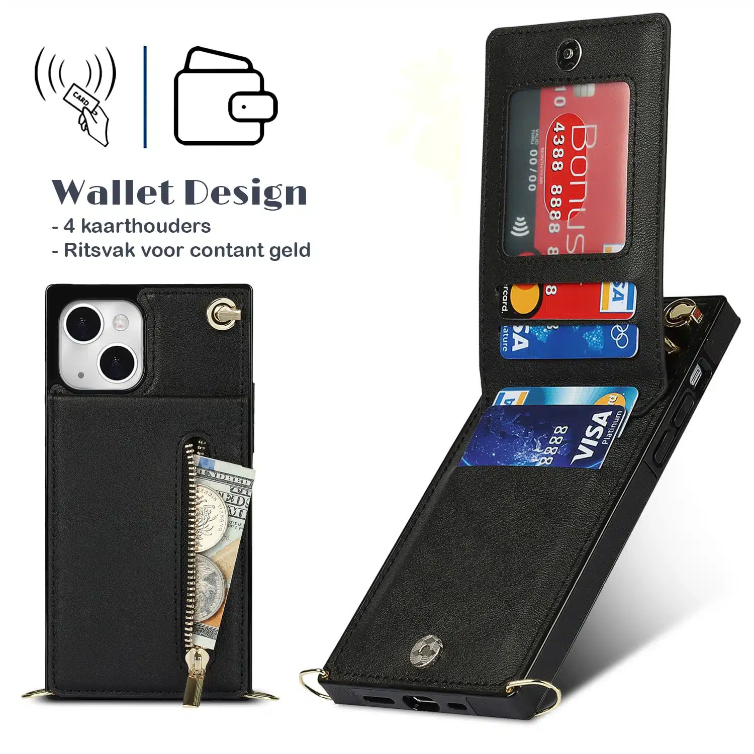 Solidenz Fashion Wallet hoesje met koord iPhone 15 – Zwart - Afbeelding 5