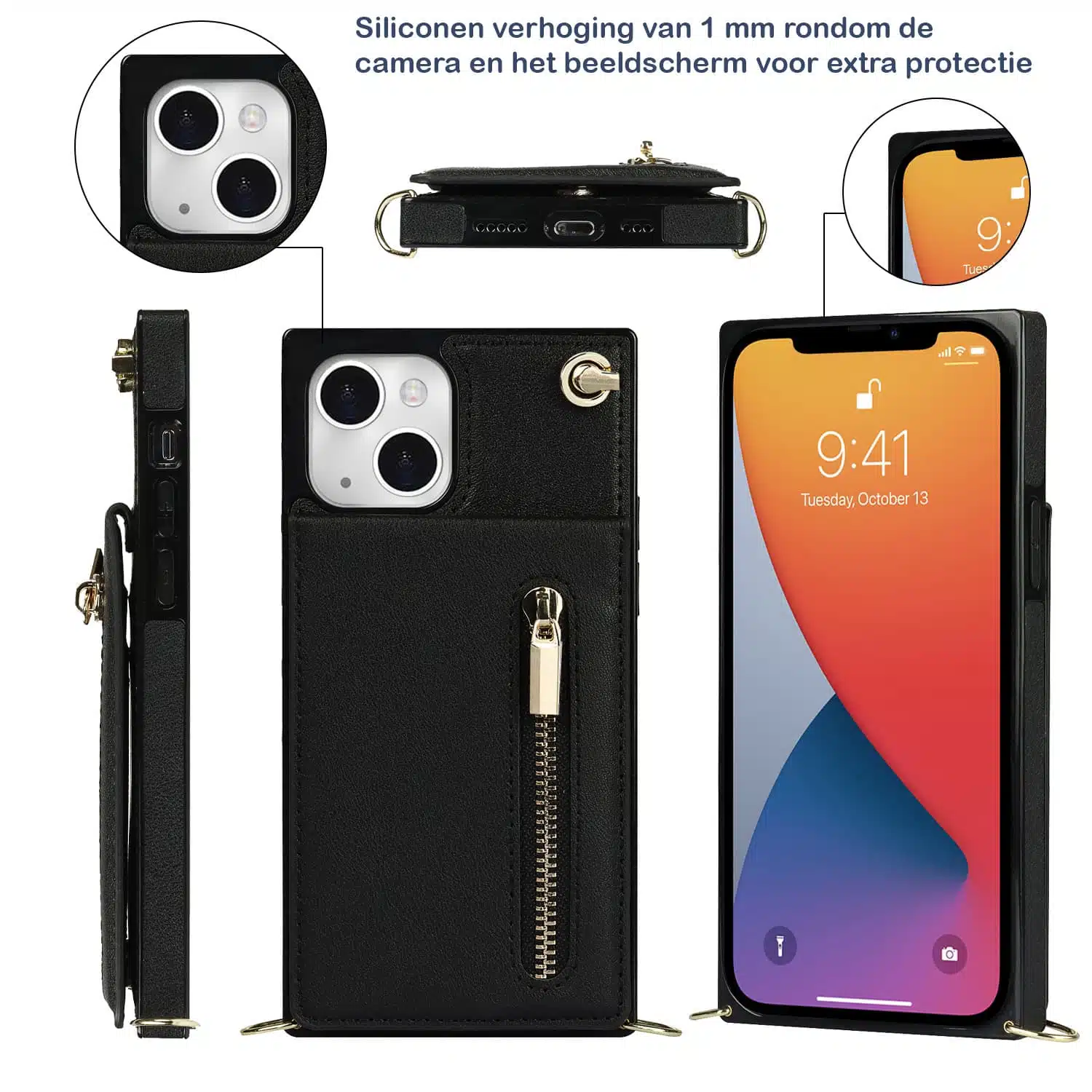 Solidenz Fashion Wallet hoesje met koord iPhone 15 – Zwart - Afbeelding 7