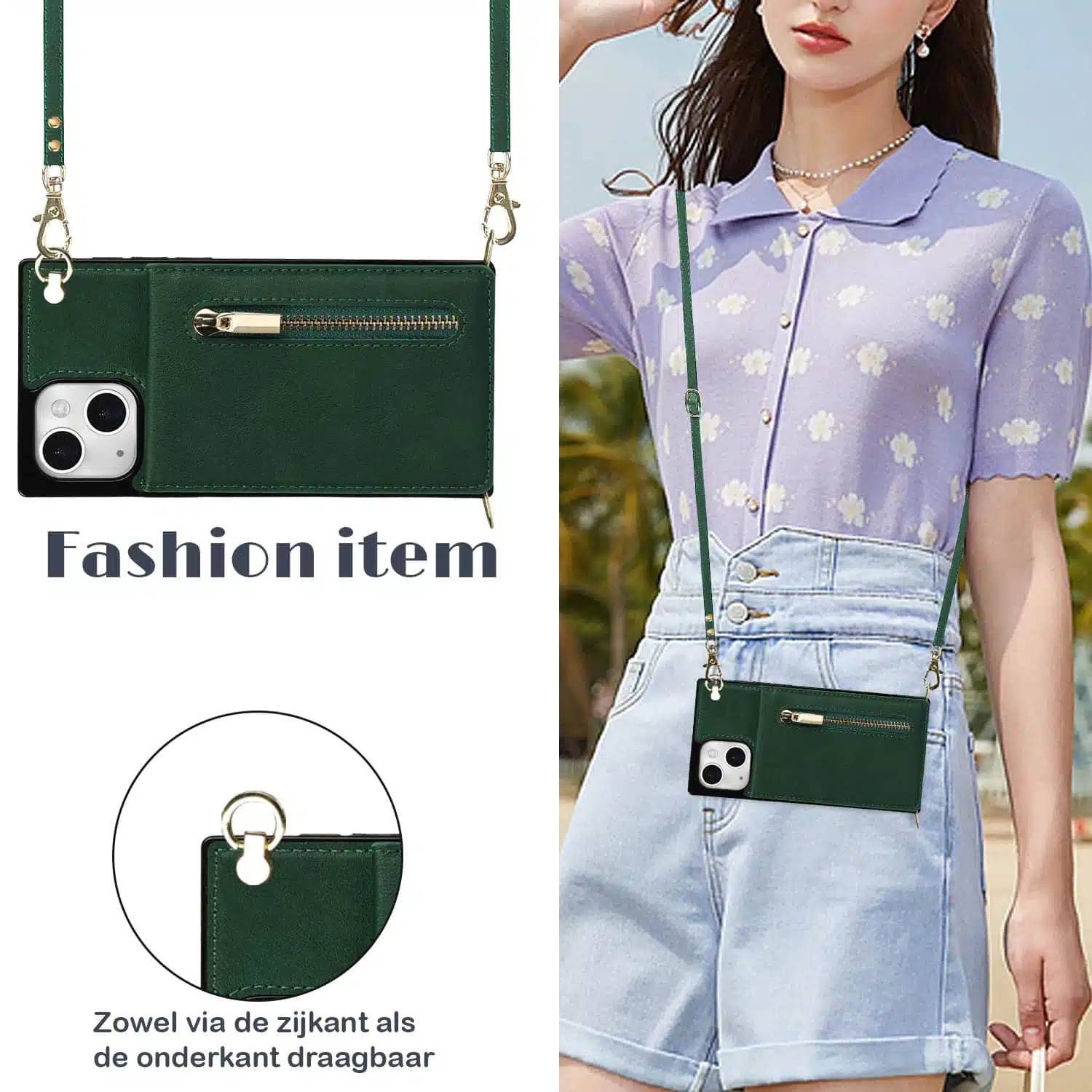 Solidenz Fashion Wallet hoesje met koord iPhone 15 – Groen - Afbeelding 3
