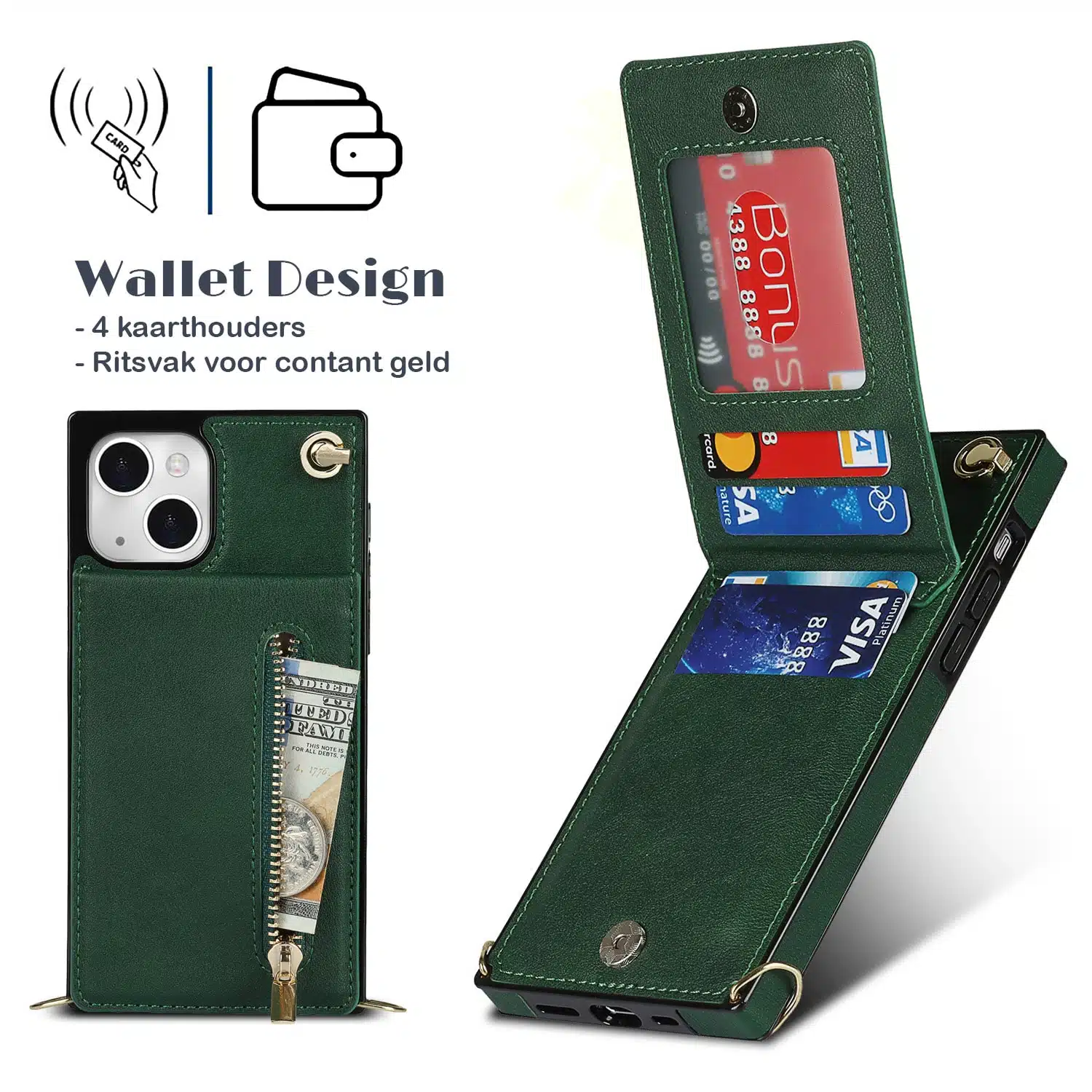 Solidenz Fashion Wallet hoesje met koord iPhone 15 – Groen - Afbeelding 4