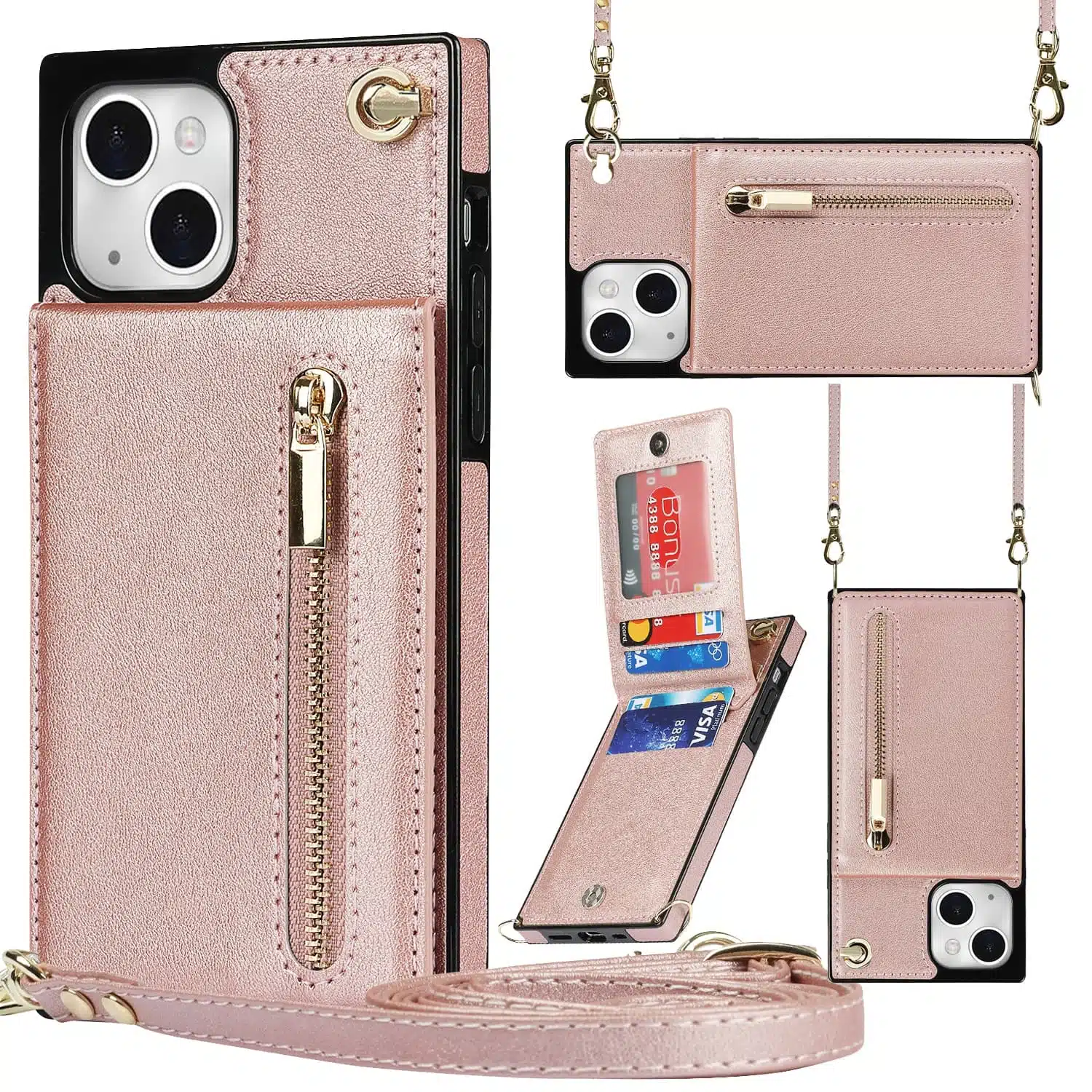 Solidenz Fashion Wallet hoesje met koord iPhone 15 – Roségoud - Afbeelding 1