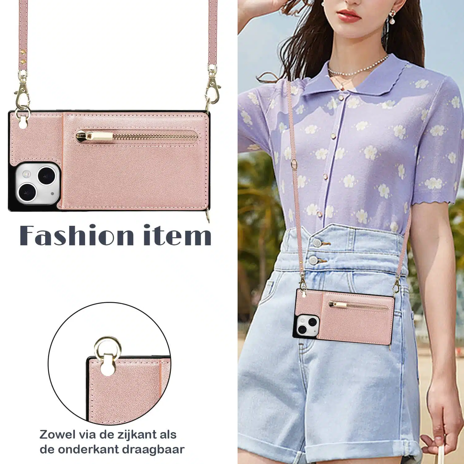 Solidenz Fashion Wallet hoesje met koord iPhone 15 – Roségoud - Afbeelding 4
