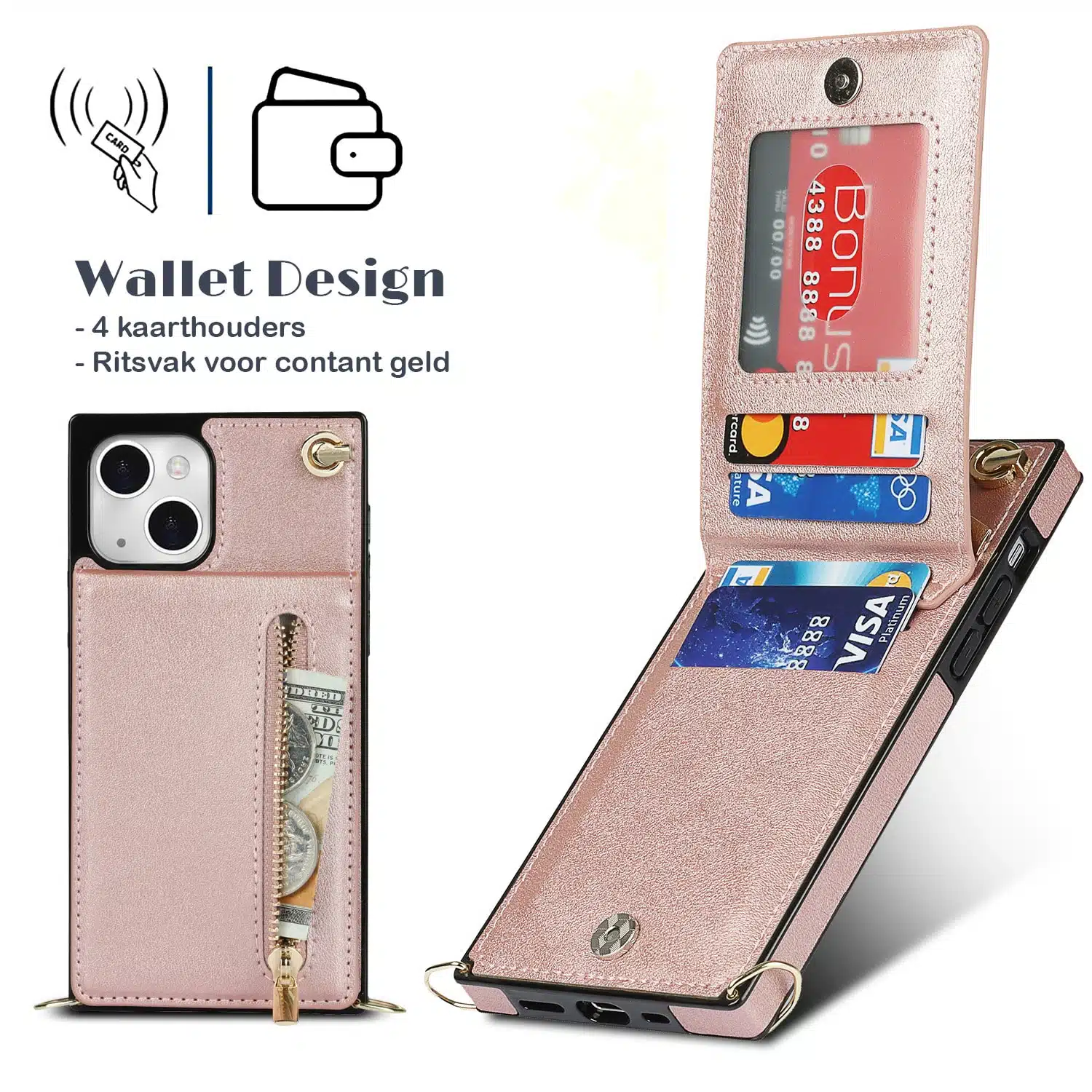 Solidenz Fashion Wallet hoesje met koord iPhone 15 – Roségoud - Afbeelding 2