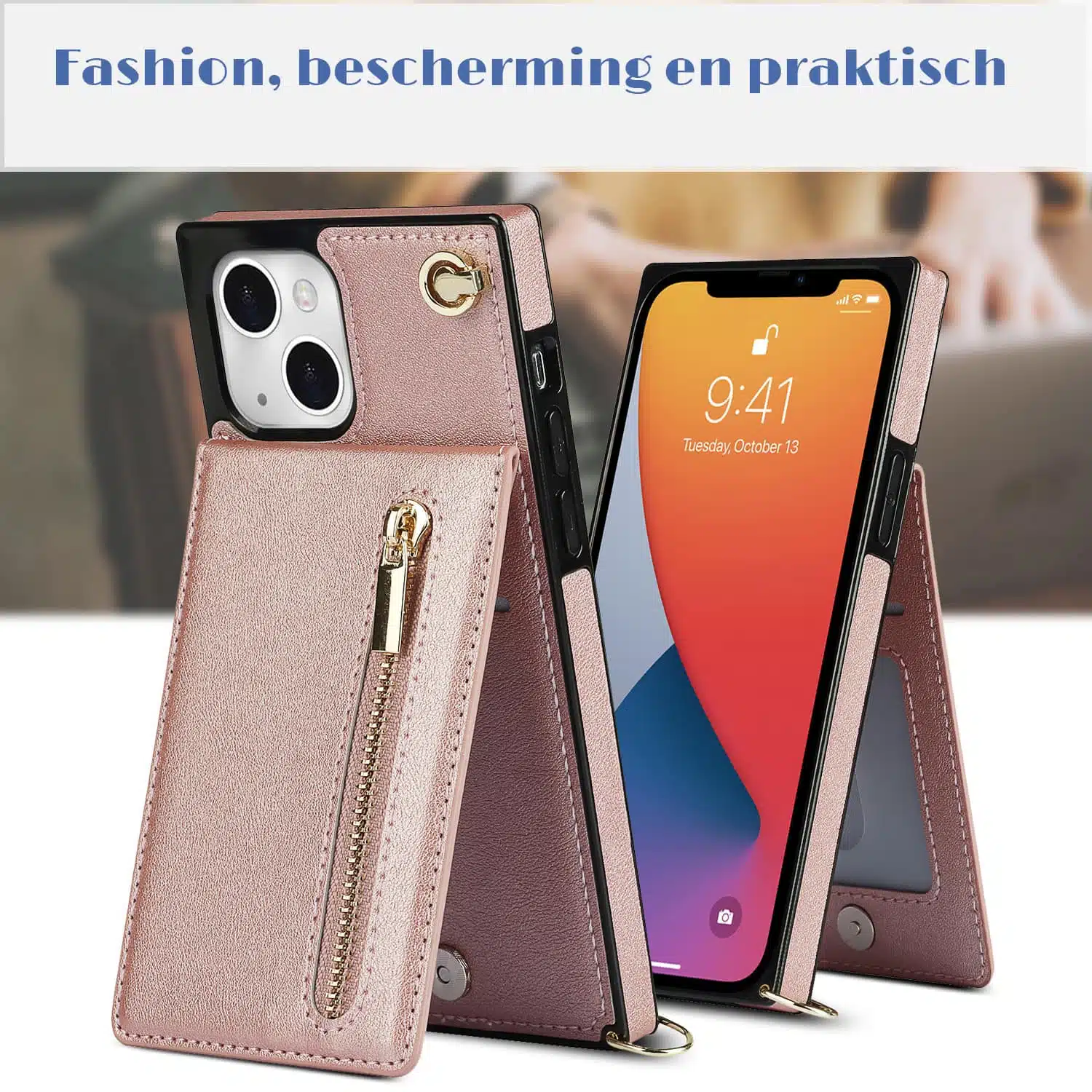 Solidenz Fashion Wallet hoesje met koord iPhone 15 – Roségoud - Afbeelding 3
