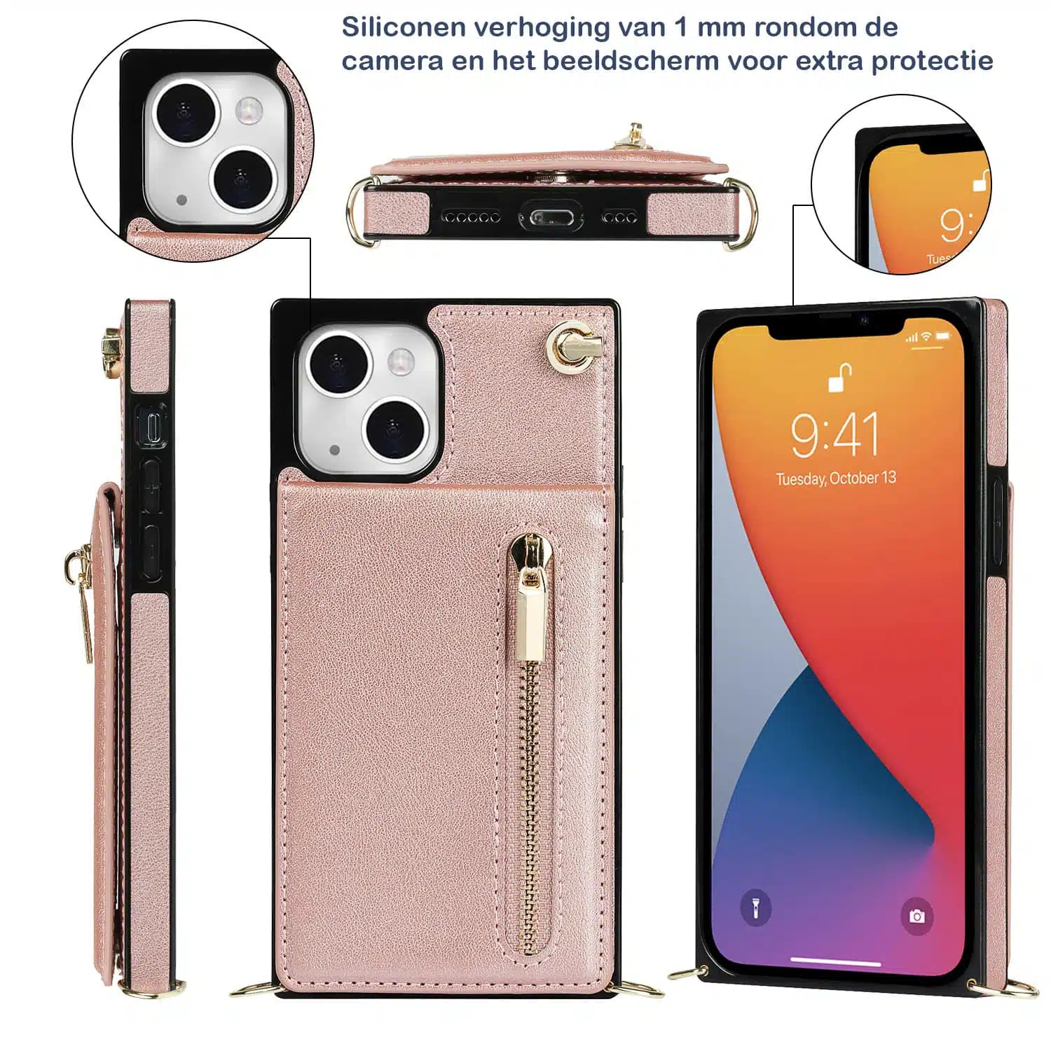 Solidenz Fashion Wallet hoesje met koord iPhone 15 – Roségoud - Afbeelding 5