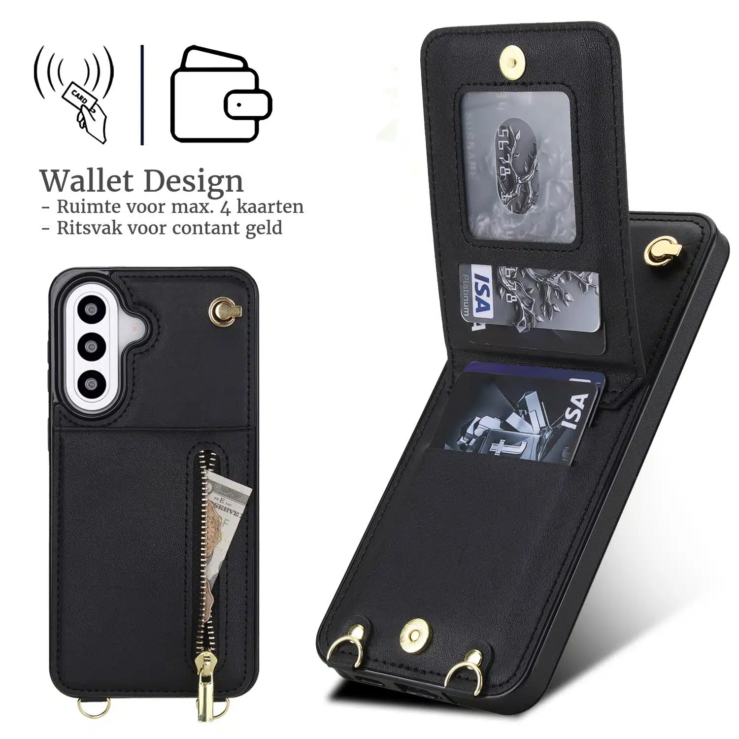 Solidenz Fashion Portemonnee hoesje met koord Samsung Galaxy A57 – Zwart - Afbeelding 2