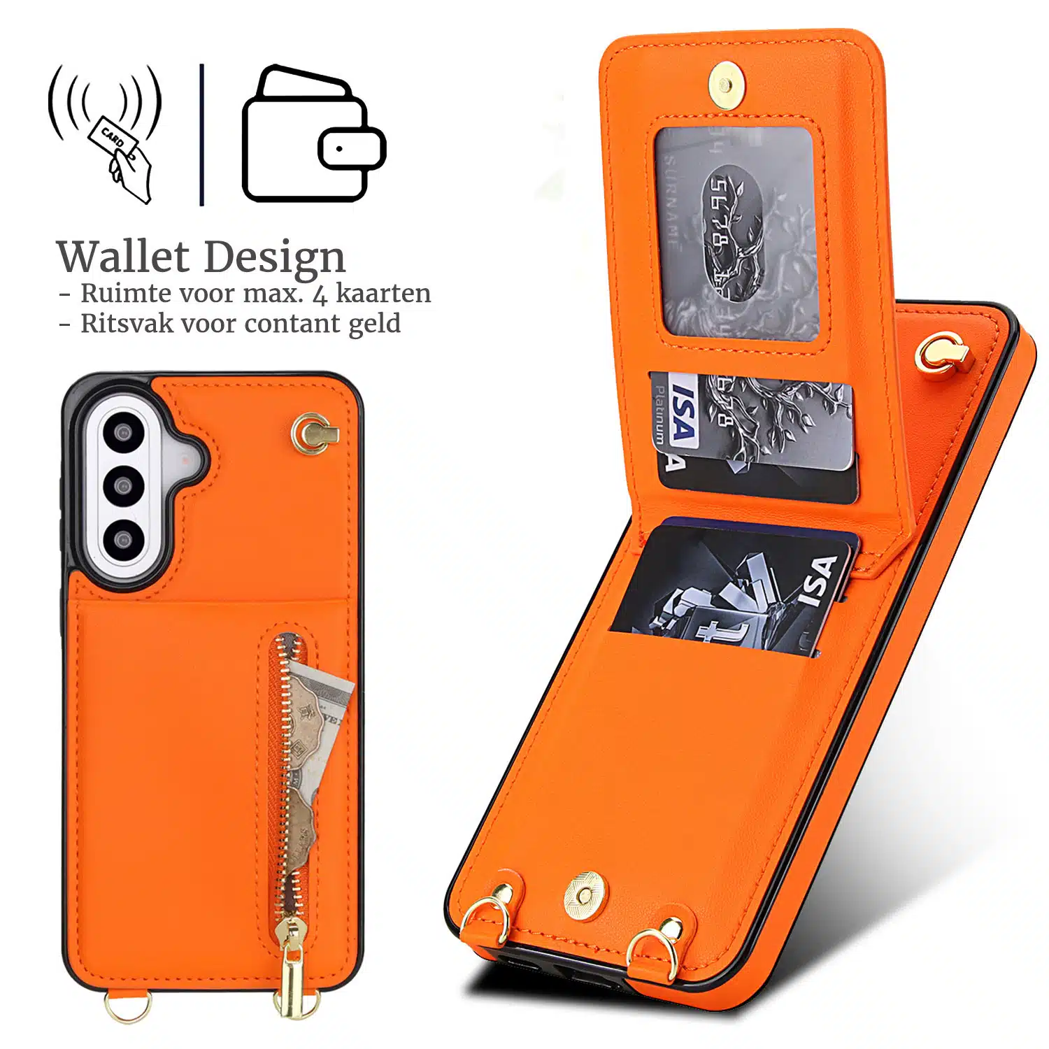 Solidenz Fashion Portemonnee hoesje met koord Samsung Galaxy A57 – Oranje - Afbeelding 2