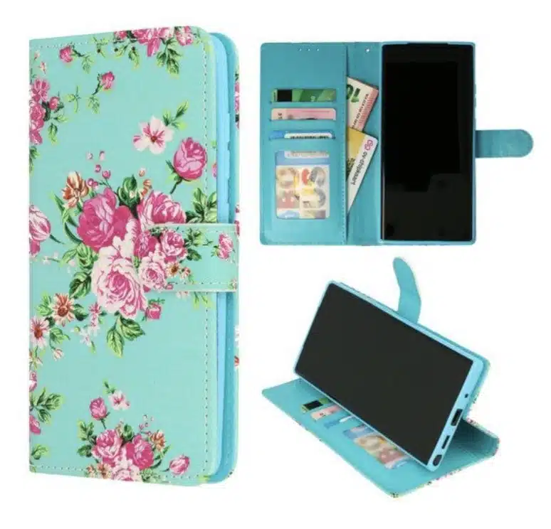 Iphone-14 Pro-Bookcase- Bloemen Blauw-1-Cityhoesje.nl