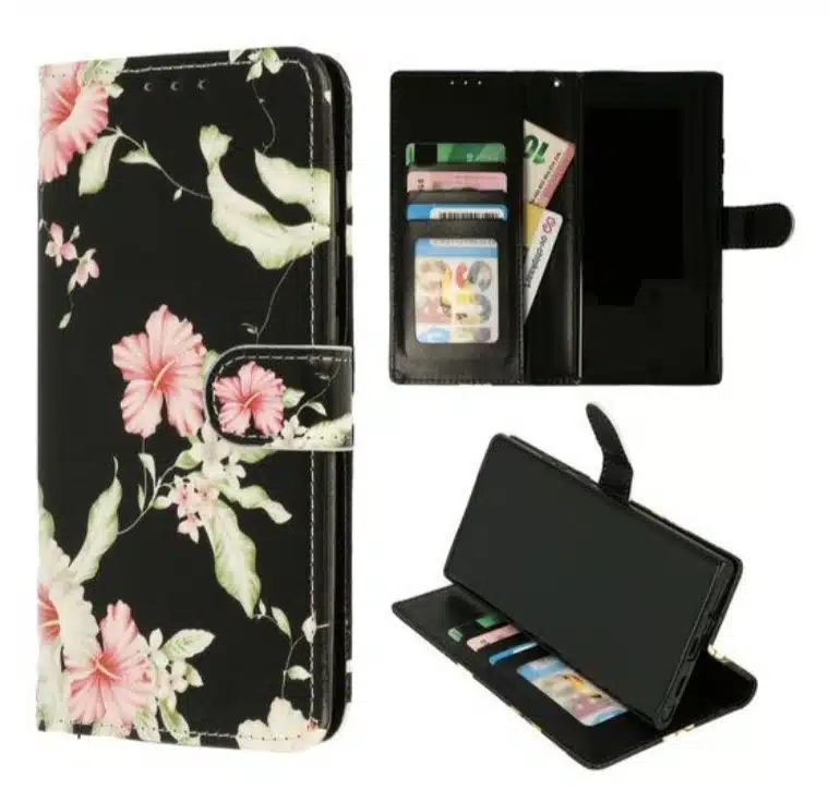 Iphone-14 Pro-Bookcase- Bloemen Zwart-1-Cityhoesje.nl