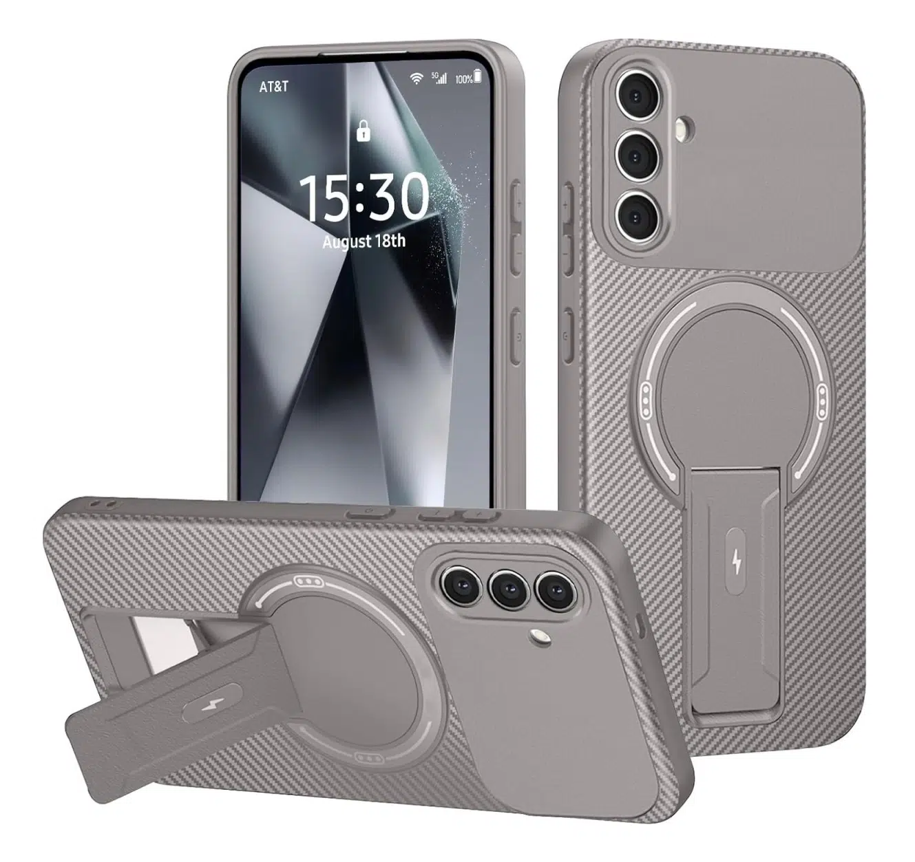 Cityhoesje-Backcover-Carbon-Opklapbare Kickstand-Geschikt voor Samsung A18-A17-A16-Grijs - Afbeelding 1