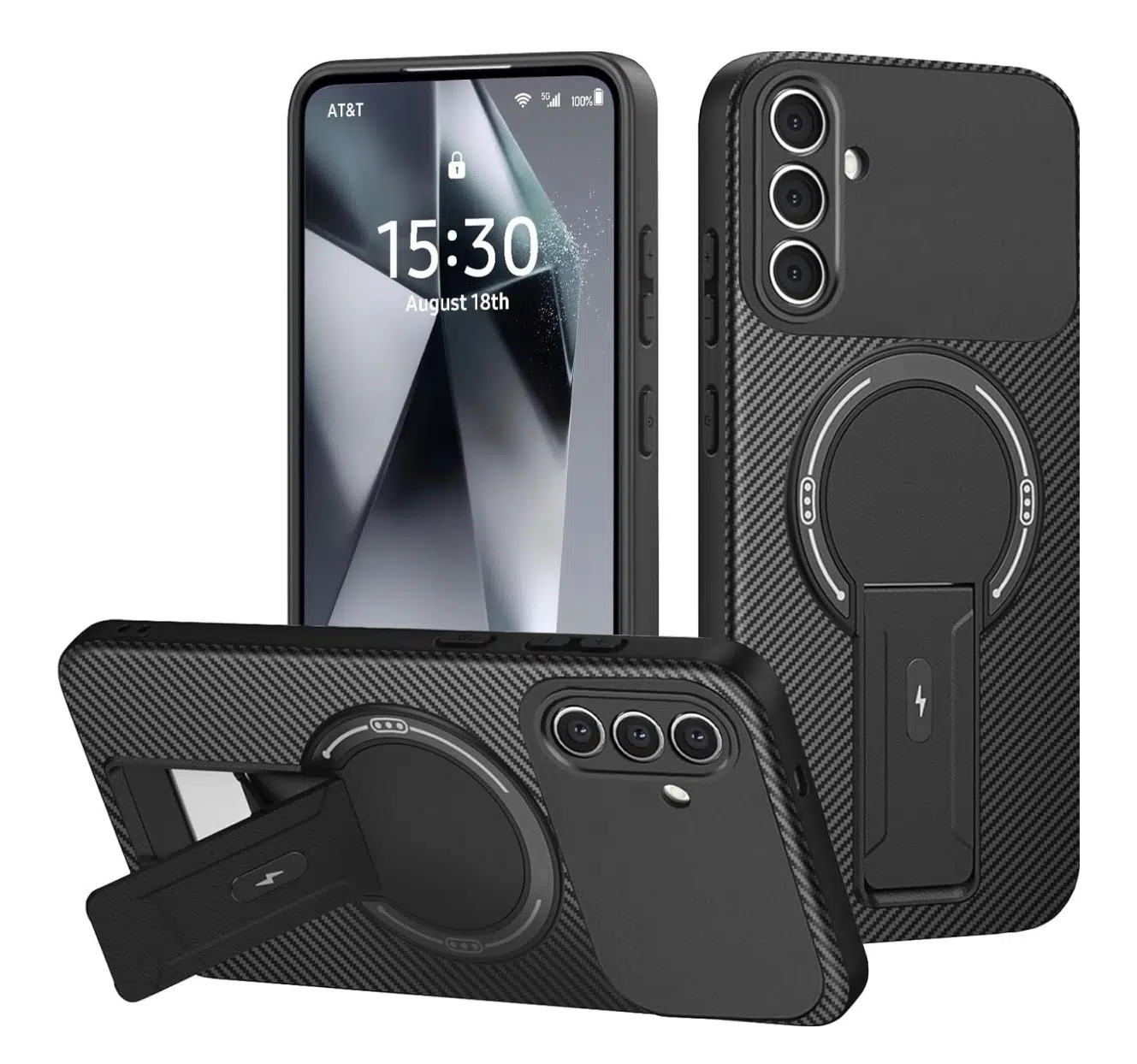 Cityhoesje-Backcover-Carbon Opklapbare Kickstand geschikt voor Samsung A18-A17-A16-Zwart - Afbeelding 1